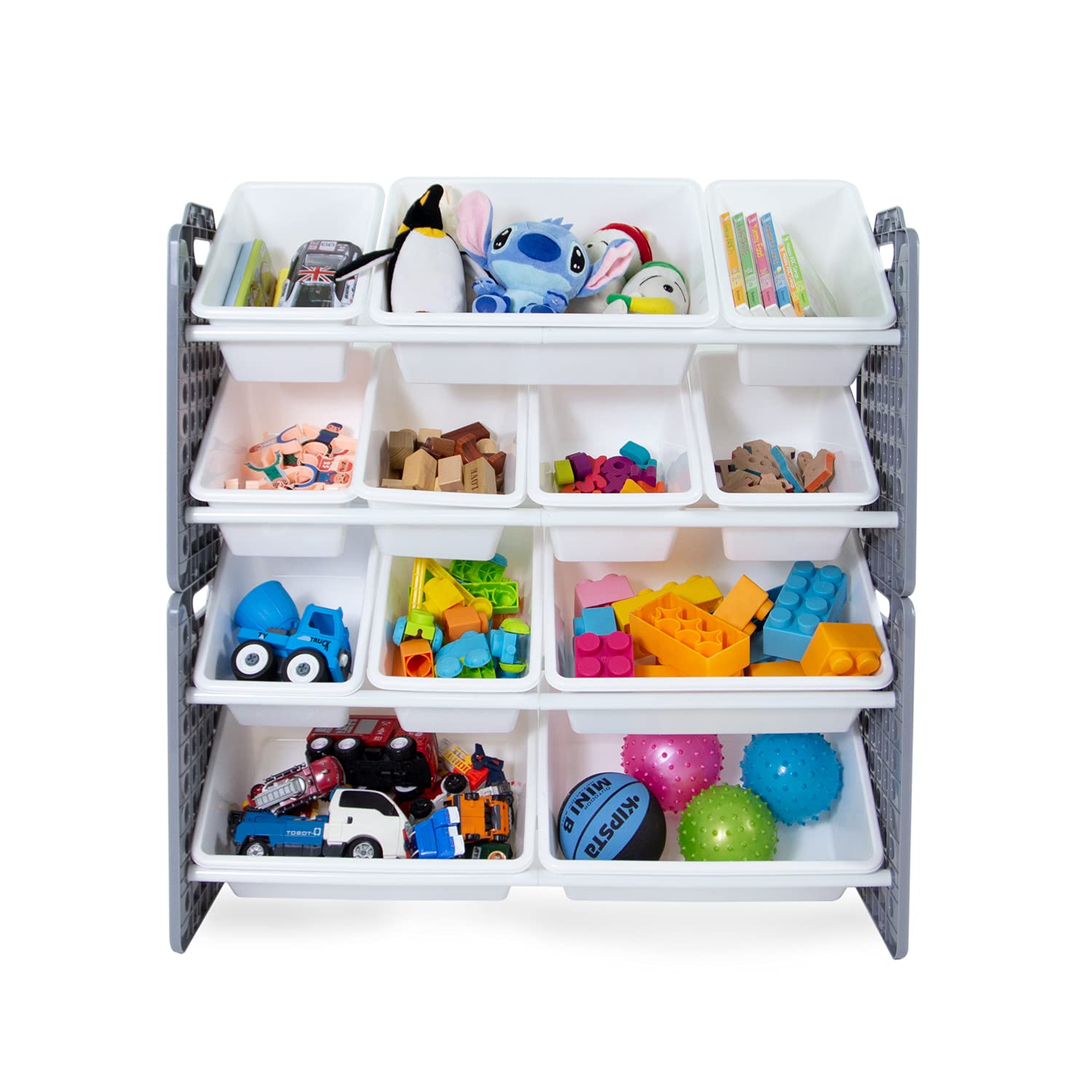UNiPLAY 12-Bin Toy Organizer with Removable Storage Bins - Kids Bookshelf & Playroom Organizer for LEGO Blocks, School Supplies, Toys - Sturdy Baseplate Frame (Gray) - Perfect for Playrooms, Classrooms & Home Organization