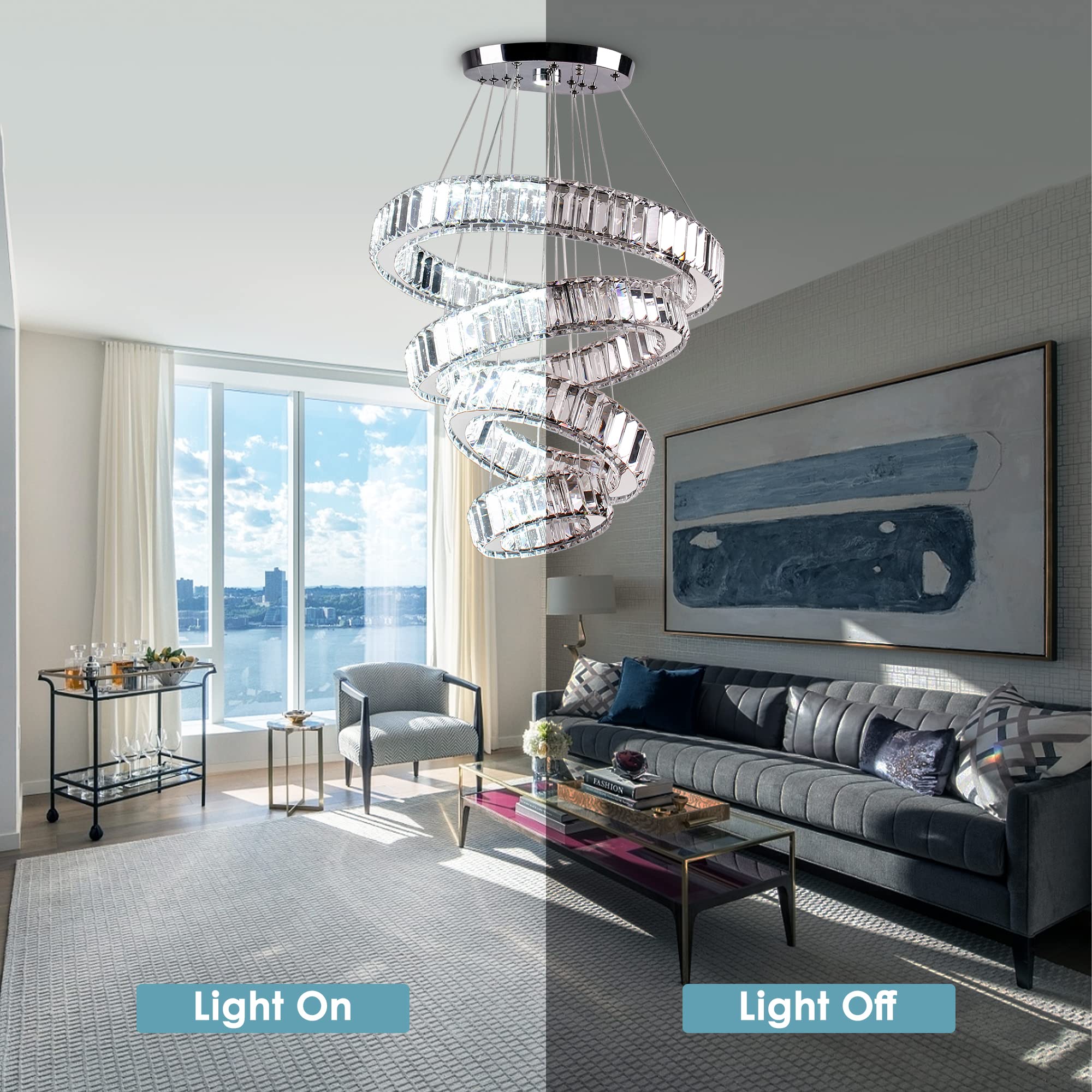 Elegant Modern LED Crystal Chandelier Pendant Light - 4 Ring Design for Dining Room, Bedroom & Living Room - Adjustable Sizes (7.9