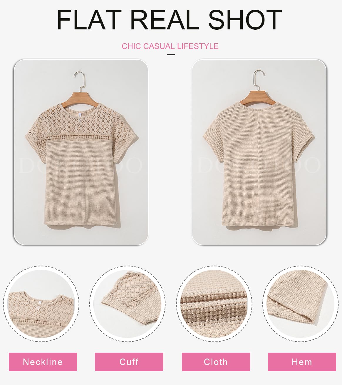 Dokotoo Women's Casual Scoop Neck Short Sleeve Waffle Knit Hollow Out Blouse - Loose Tunic Top for Summer, Beach & Everyday Wear