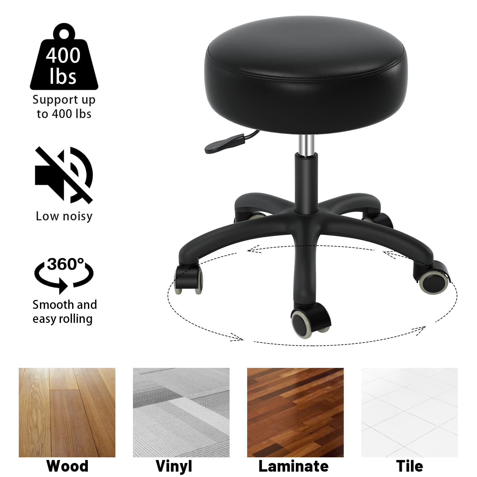 Professional Salon Rolling Stool with Wheels - Heavy Duty Adjustable Lash Chair for Tattoo, Massage, Nail Salon & Spa - 360° Swivel Leather Stool with Thick Padding - Black - Perfect for Beauty Professionals, Artists & Classroom Teaching