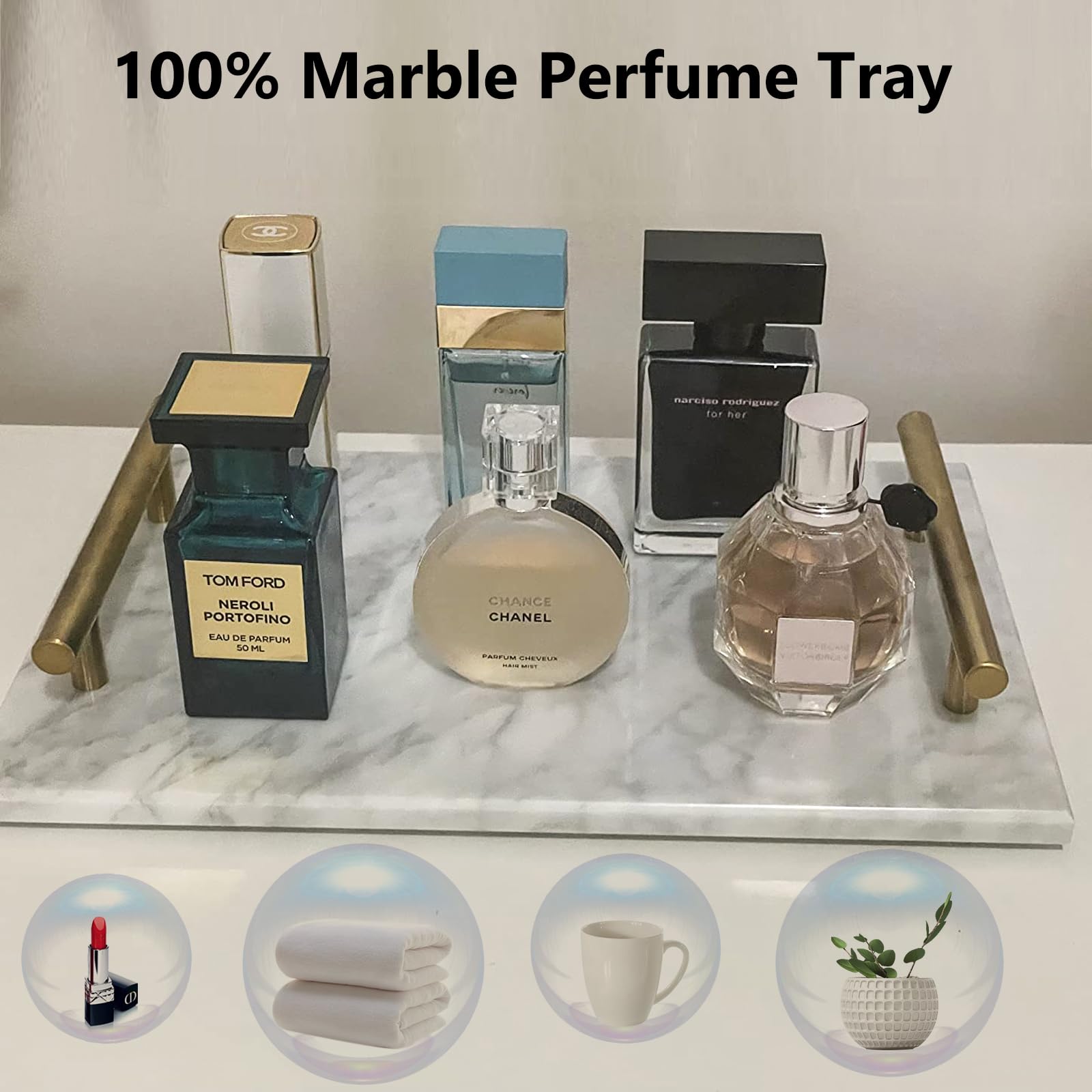 HighFree Handmade Marble Stone Decorative Tray with Copper Metal Handles - Elegant Vanity Organizer for Counter, Dresser, Nightstand & Desk (White) | Perfect for Jewelry Display, Bathroom Essentials & Home Decor