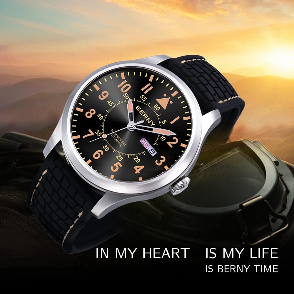 BERNY Men's Automatic Self-Winding Mechanical Watch - 20ATM Waterproof, Sapphire Crystal Glass, Scratch Resistant, Super Luminous, Oversized Dial (No Battery Needed) - Perfect for Business, Casual Wear & Outdoor Activities