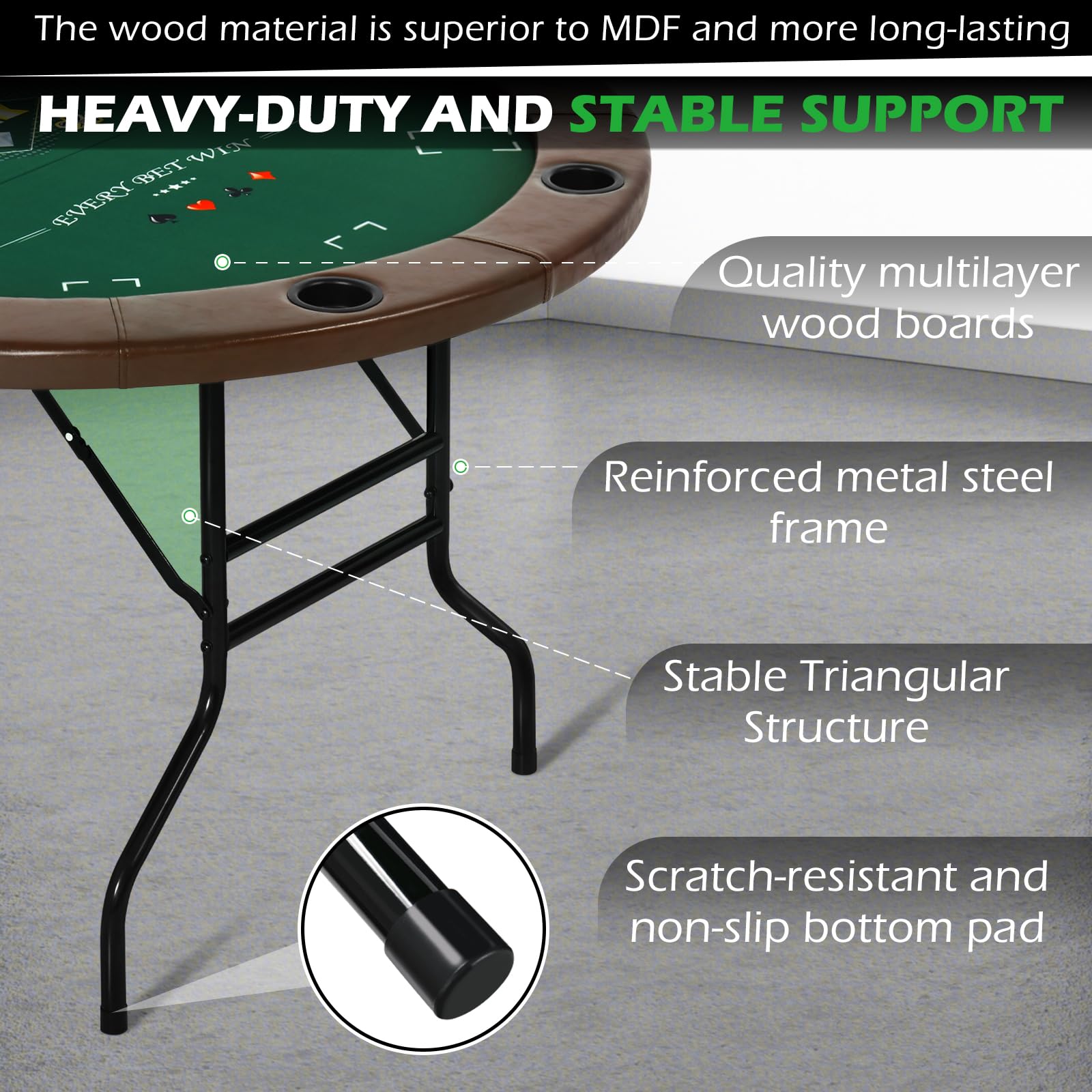 Foldable Round Poker Table for 8 Players - Casino Style Card Game Table with Stainless Steel Cup Holders & Padded Rails - Portable Texas Holdem & Blackjack Table (Brown) | Perfect for Home Game Nights, Poker Parties & Casino-Themed Events