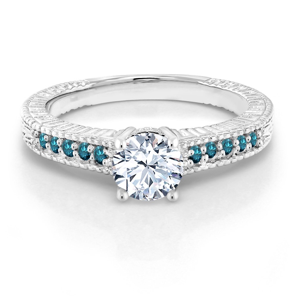 1.37 Ct White Created Sapphire & Blue Diamond 925 Sterling Silver Engagement Ring for Women - Elegant Wedding, Proposal & Anniversary Jewelry Gift