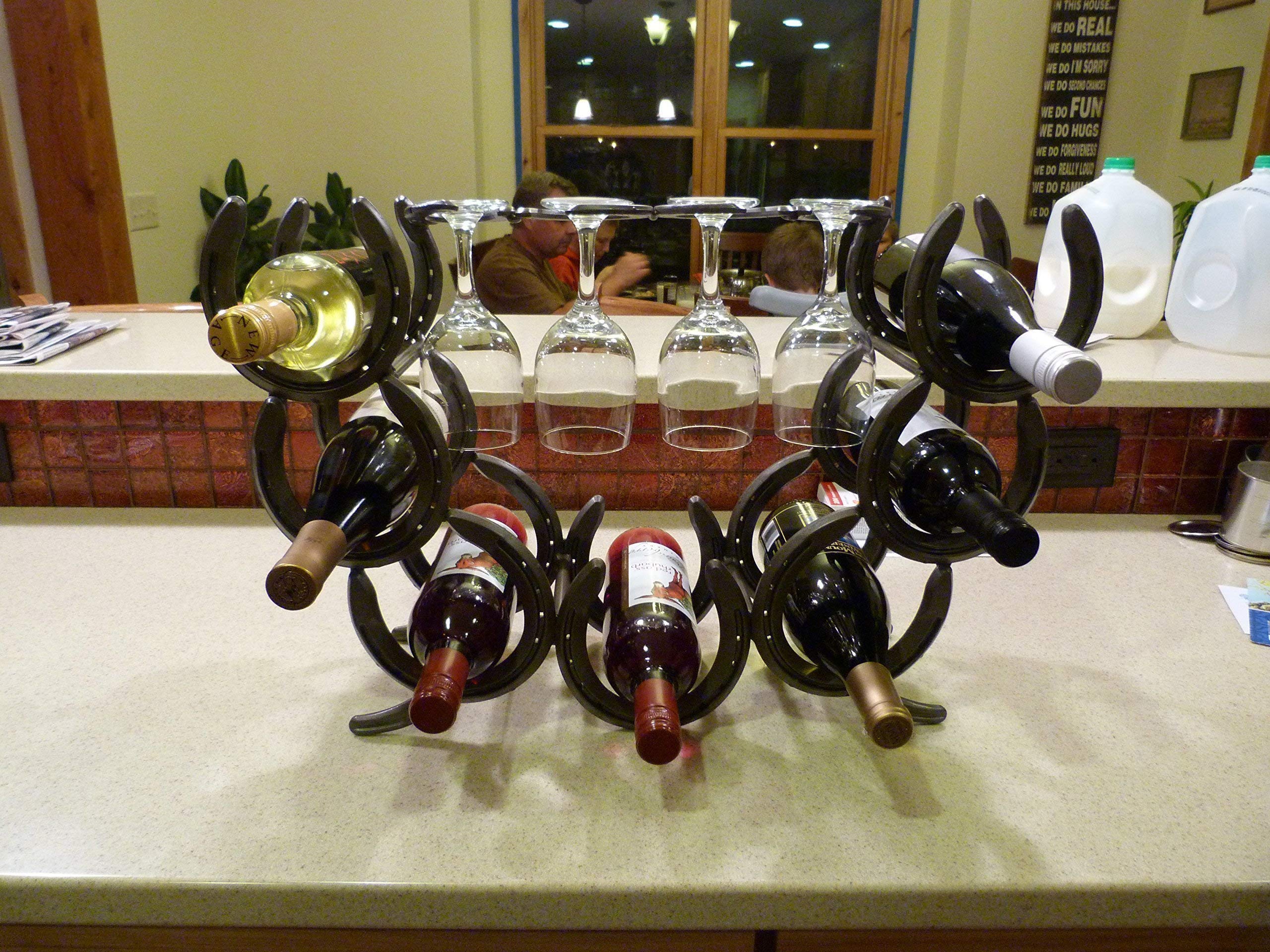 Horseshoe Wine Rack - 7 Bottle & 4 Glass Holder - Rustic Wall Mounted Wine Storage for Kitchen, Bar, or Dining Room Decor