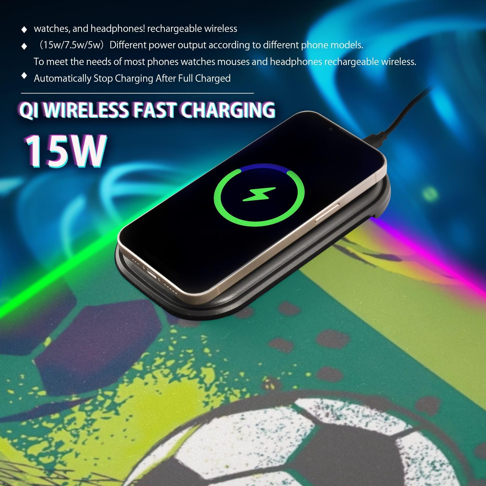 Wireless Charging Gaming Mouse Pad with 14 RGB Lighting Effects - 31.5x11.8 Inch Large Football & Geometric Design Mousepad for PC, PS5, Xbox - Perfect for Esports, Office Work & Home Gaming Setup