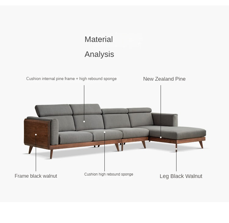 Premium Black Walnut & Ash Solid Wood Adjustable Headrest Sofa - Modern Living Room Furniture for Relaxation & Comfort