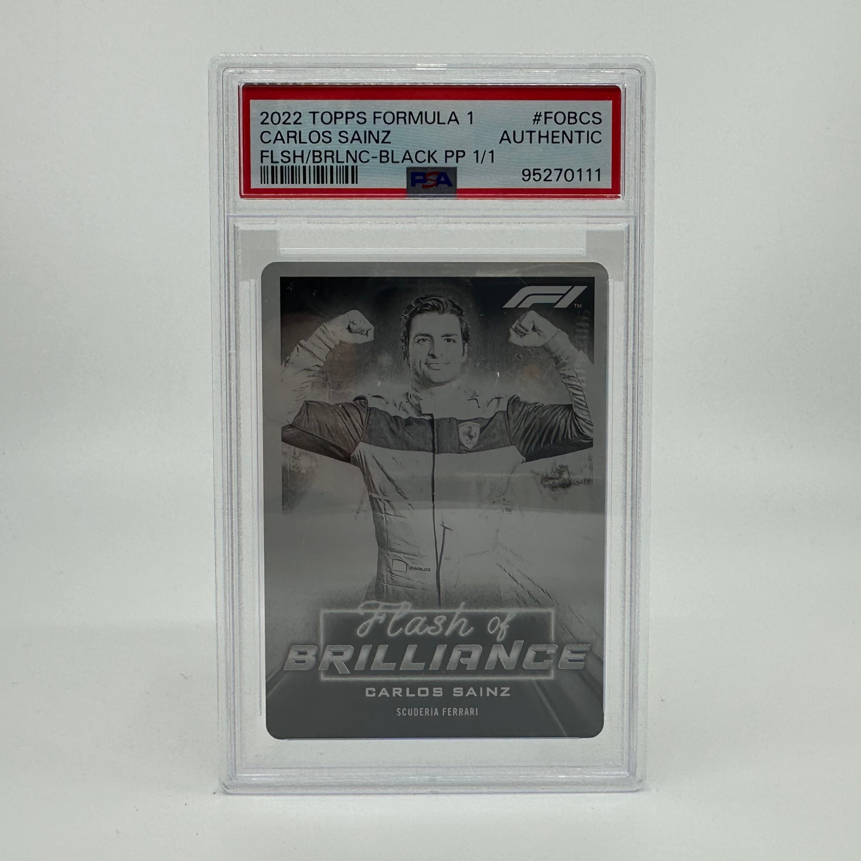2022 Topps Formula 1 Carlos Sainz #FOBCS Black Printing Plate - Limited Edition Collectible for F1 Fans & Sports Memorabilia Enthusiasts - Perfect for Display, Trading, and Racing Memorabilia Collections