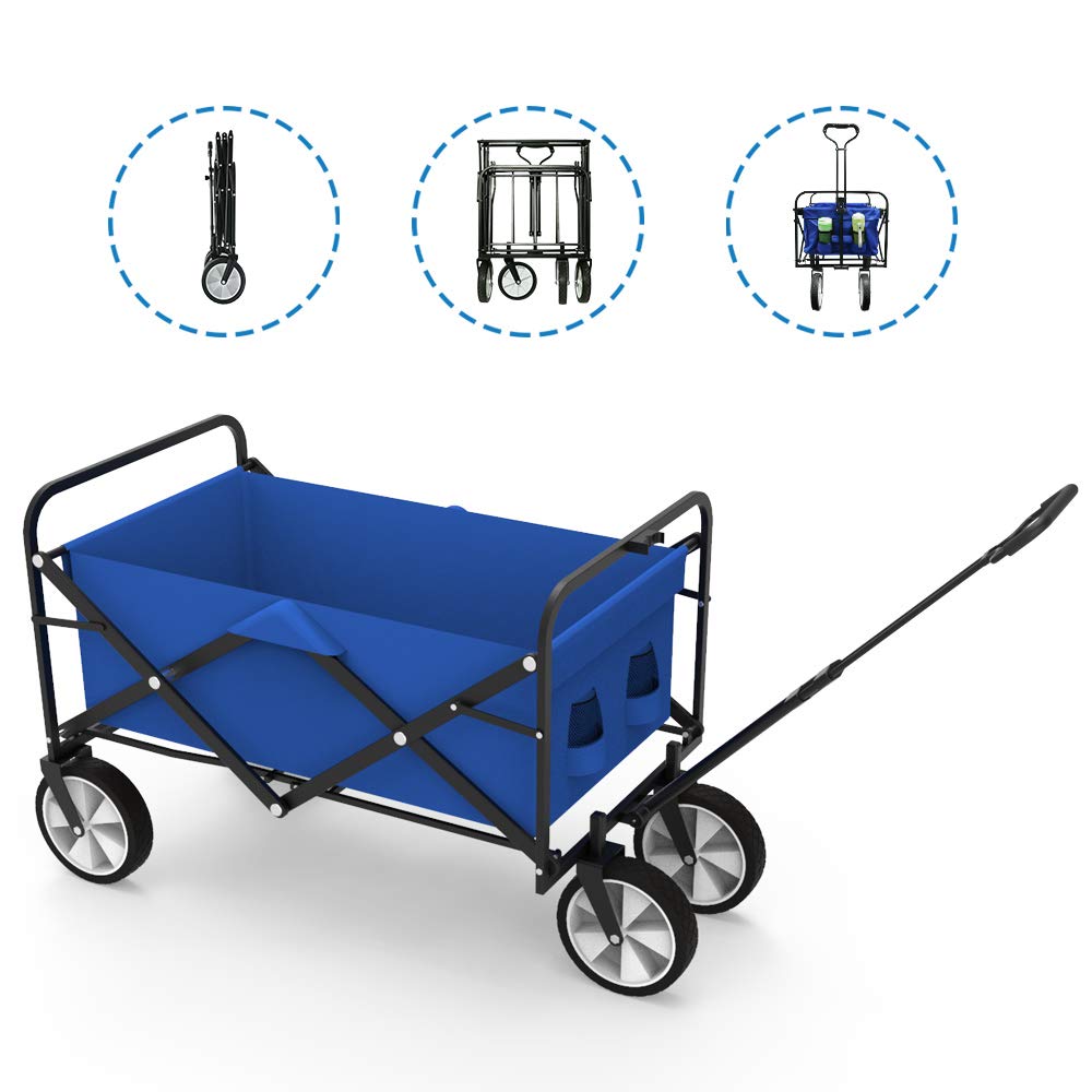 Foldable Utility Wagon Cart - Heavy Duty Collapsible Folding Wagon for Camping, Beach, Grocery Shopping, Gardening & Outdoor Activities - Blue