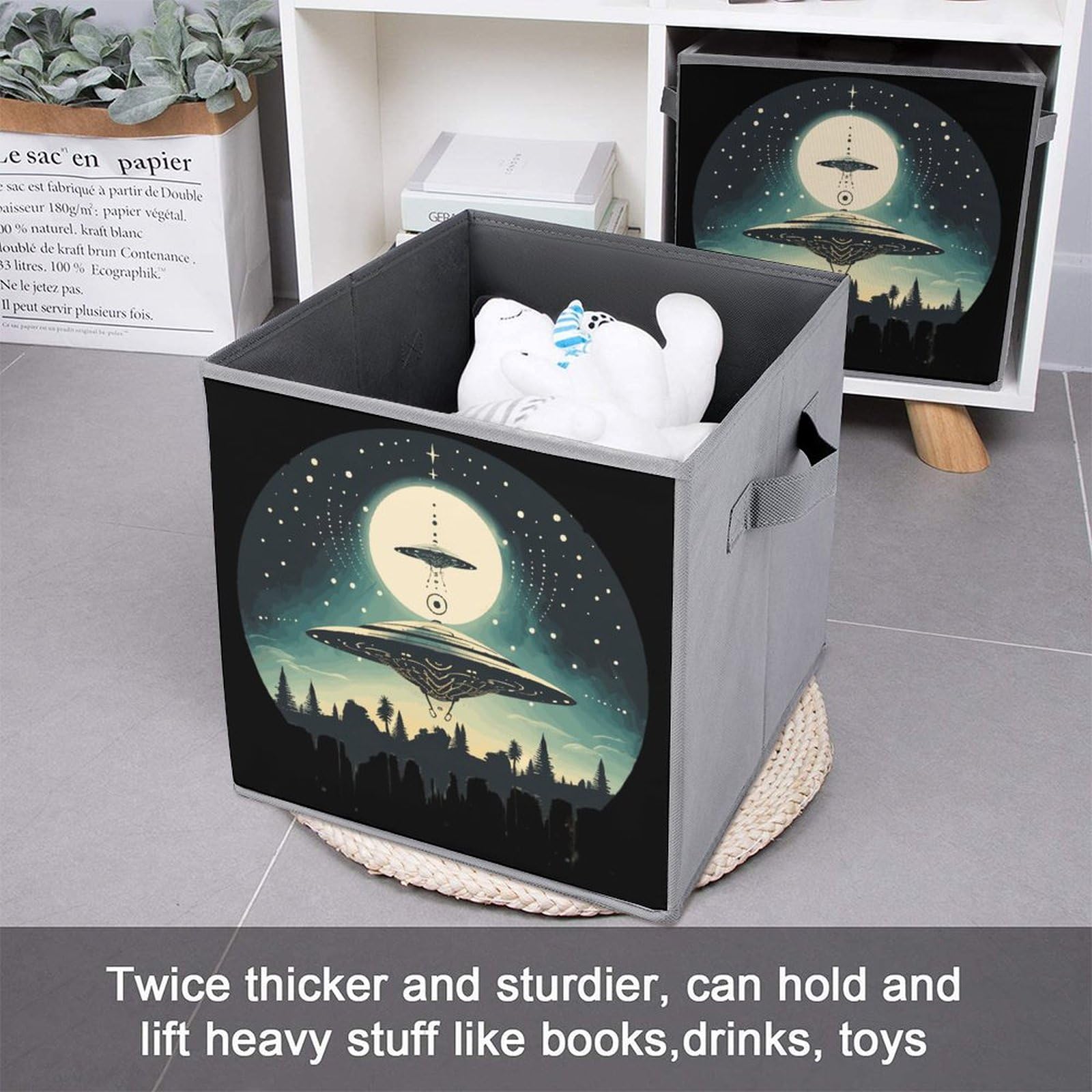 Alien Print Foldable Storage Cubes - 6 Pack Collapsible Fabric Bins with Handles for Closet, Nursery, Office & Home Organization | Space Saving Storage Baskets