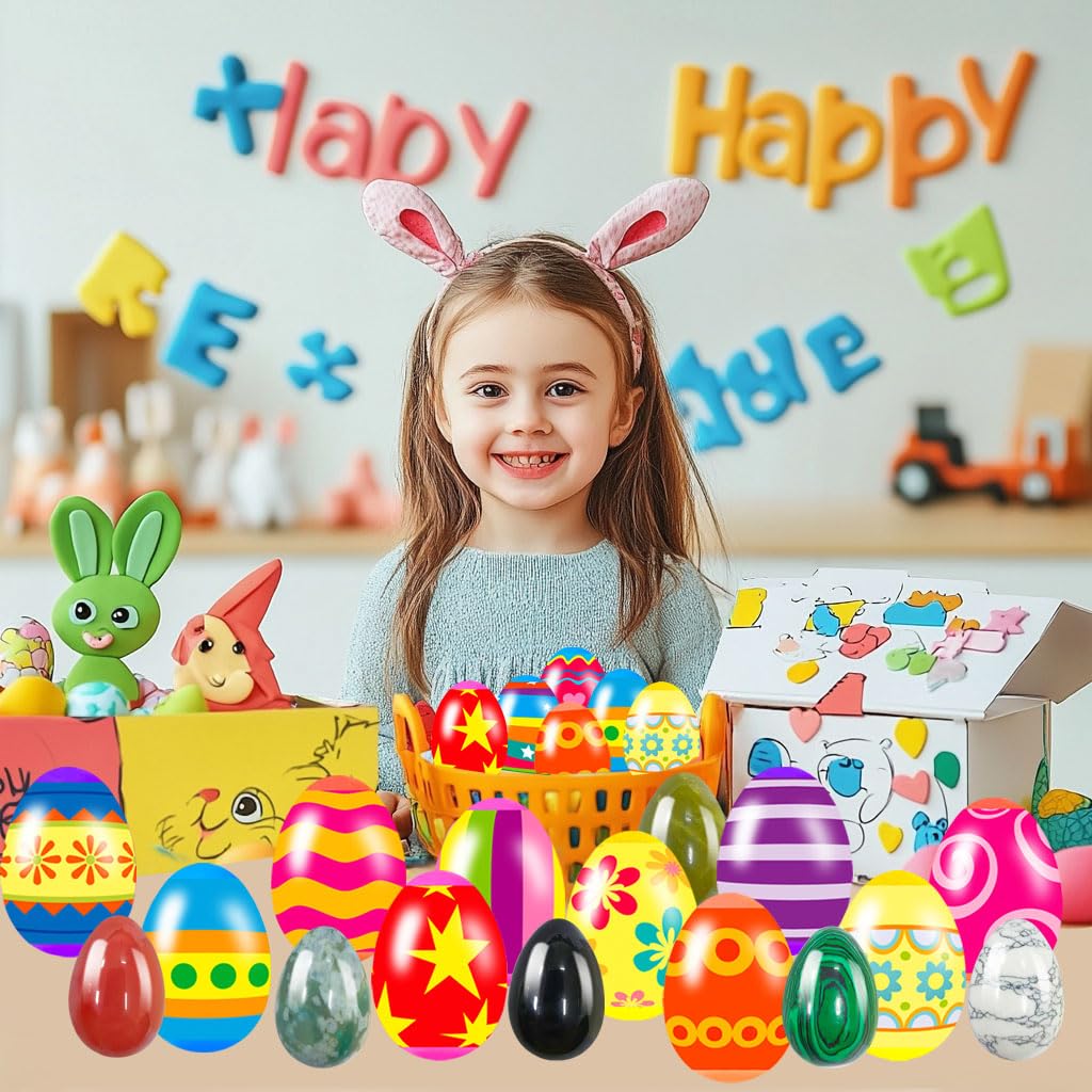 12 Pcs Pre-Filled Easter Eggs with Surprise Egg Stones - Easter Basket Stuffers, Party Favors, Kids Gifts for Egg Hunt & Spring Celebrations