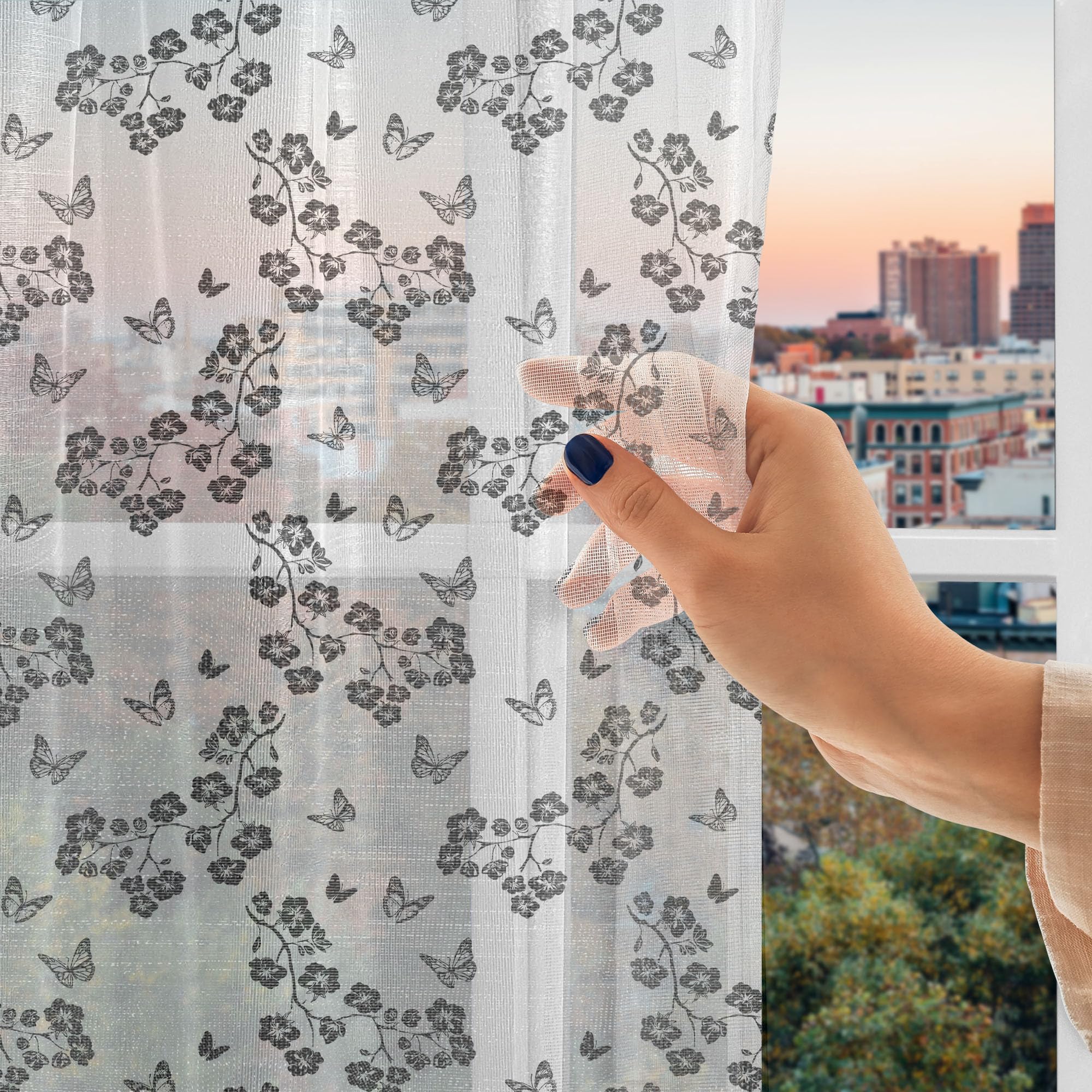 Ambesonne Black White Butterfly Tulle Curtains - Japanese Inspired Monochrome Sakura Blossom Design, Sheer Window Drapes with Rod Pocket (2 Panels 108