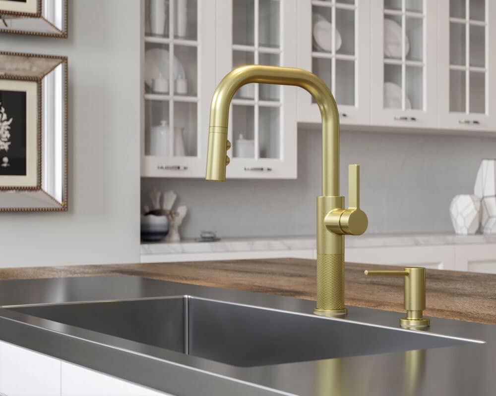 Pfister Brushed Gold Modern Kitchen Soap Dispenser - Touchless Automatic Liquid Soap Dispenser for Bathroom & Kitchen, Sleek Design with 17oz Capacity, Perfect for Modern Homes & Commercial Spaces