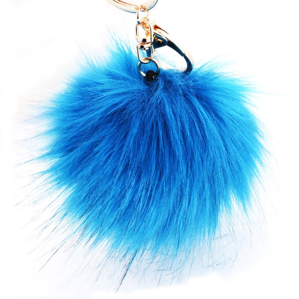 Korean Faux Fur Ball Keychain - Soft Fluffy Pompom Keyring for Keys, Car, Bag & Purse - Cute Hanging Charm Pendant Key Holder (Blue) - Perfect Gift for Women & Girls