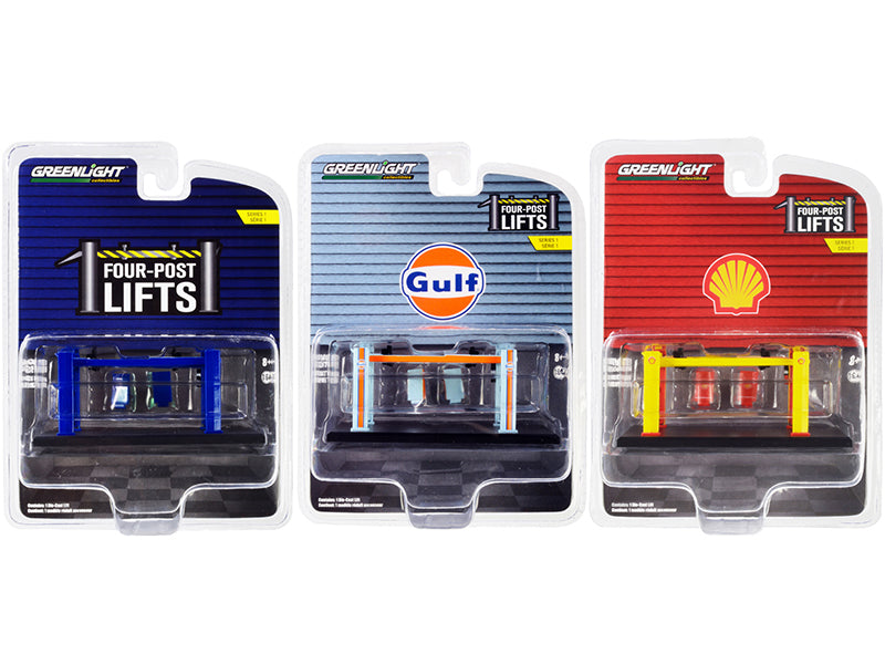 1:64 Scale Greenlight Diecast Four Post Lifts Set - 3 Piece Collectible Car Lift Models for Display & Diorama Scenes | Perfect for Car Enthusiasts & Model Collectors