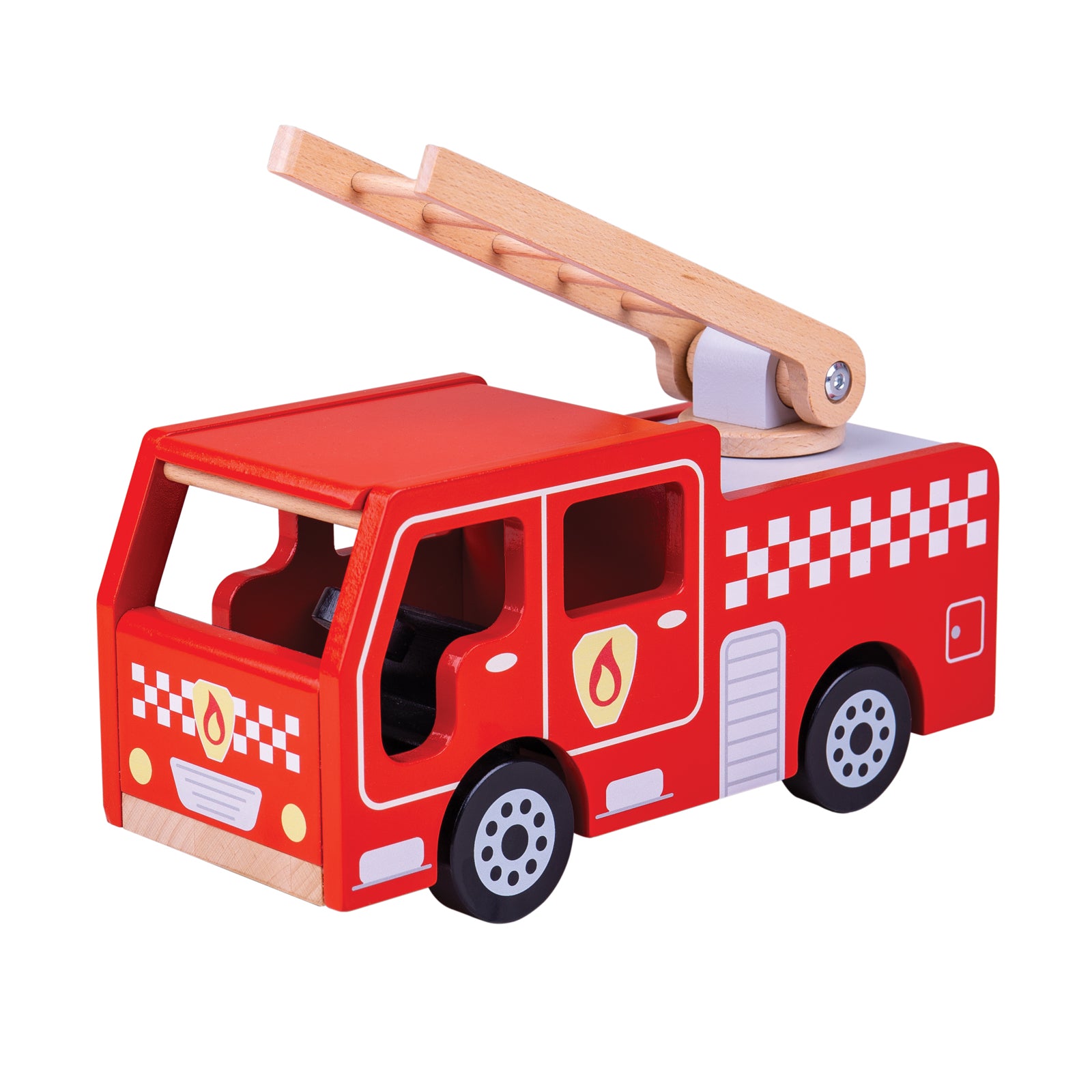 Bigjigs Toys Wooden City Fire Engine with Swivel Ladder - Pretend Play Fire Truck for Kids, Perfect for Imaginative Play and Early Learning