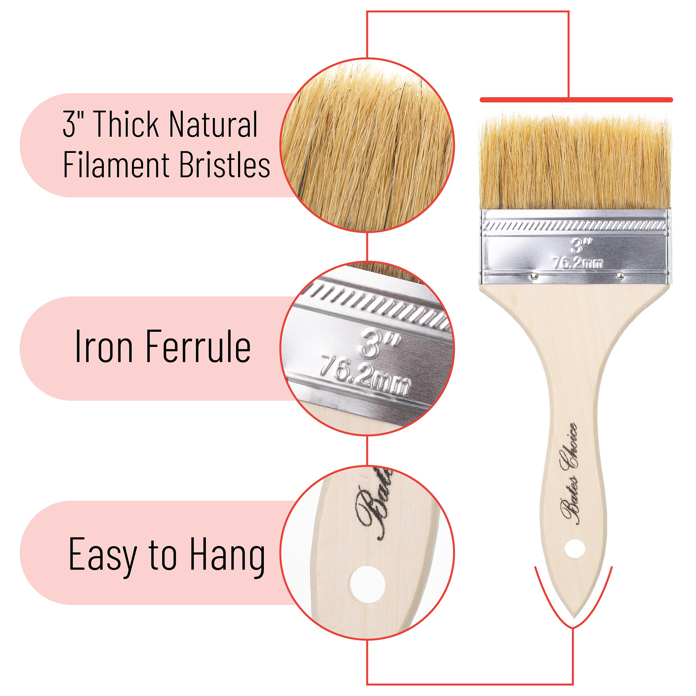 Bates 3 Inch Natural Bristle Chip Paint Brushes - 12 Pack for Wood Staining, Painting & DIY Projects - Durable Paint Brushes for Furniture, Cabinets & Home Renovation