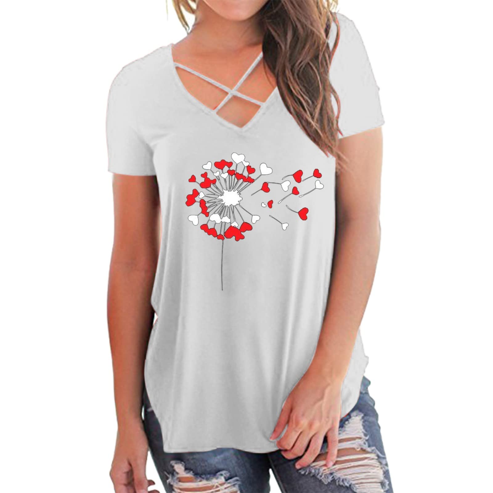 Women's White V-Neck T-Shirt - Long Sleeve & Short Sleeve Casual Summer Tunic with Printing | Perfect for Everyday Wear, Office Outfits and Weekend Relaxation