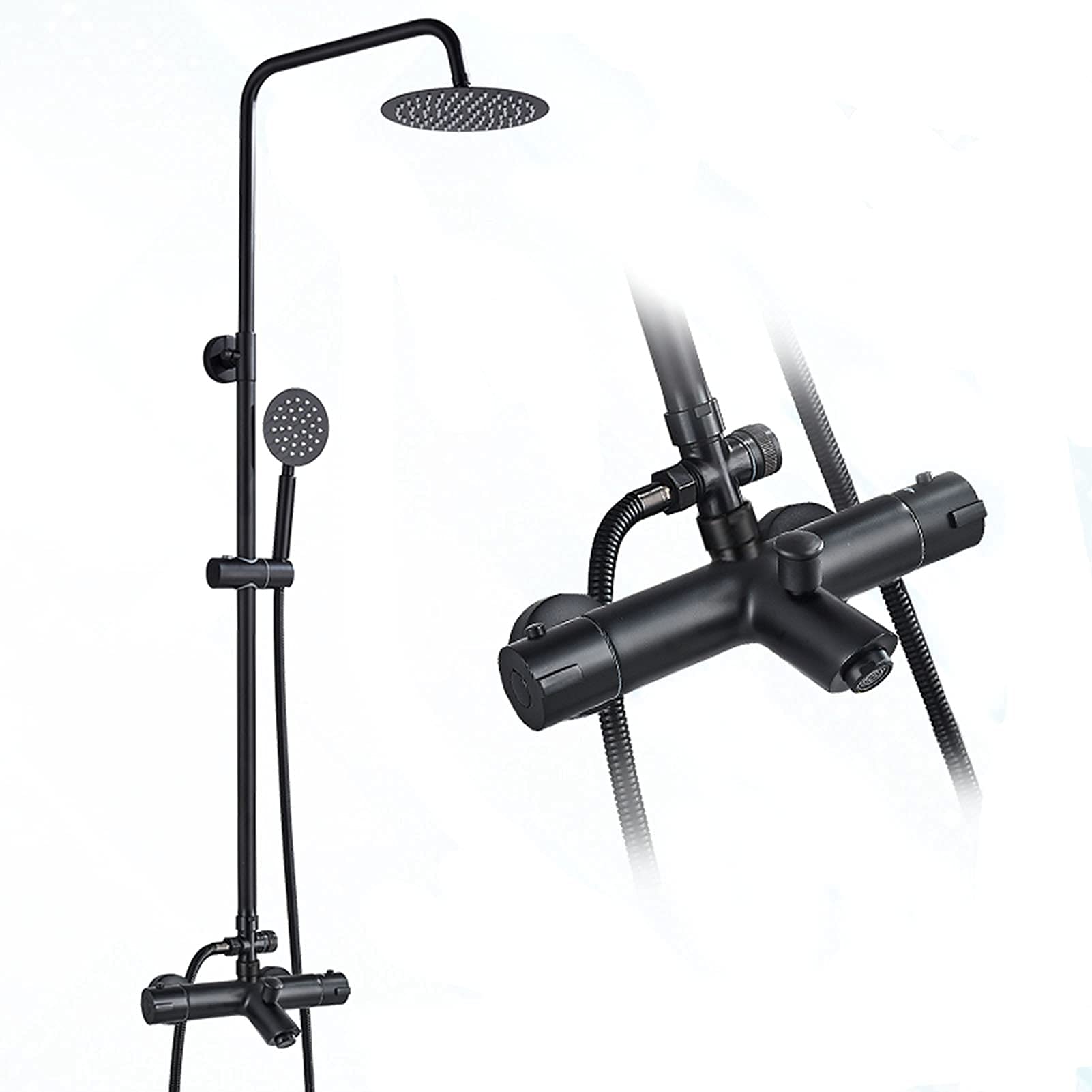 Matte Black Thermostatic Shower Faucet Set with Rainfall Shower Head & Handheld Sprayer - Stainless Steel Tub Mixer Tap System for Bathroom & Spa Experience