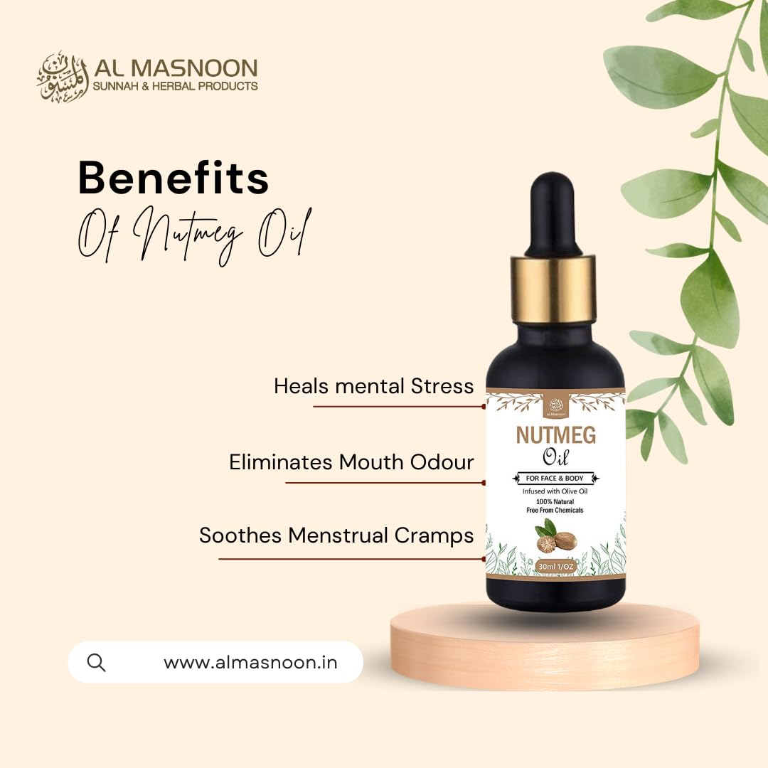Premium 100% Natural Nutmeg Oil (Jaifal Oil) Infused with Olive Oil - 30ml Bottle for Facial Care & Body Massage | Hydrates Skin, Reduces Inflammation | Perfect for Aromatherapy & Relaxation