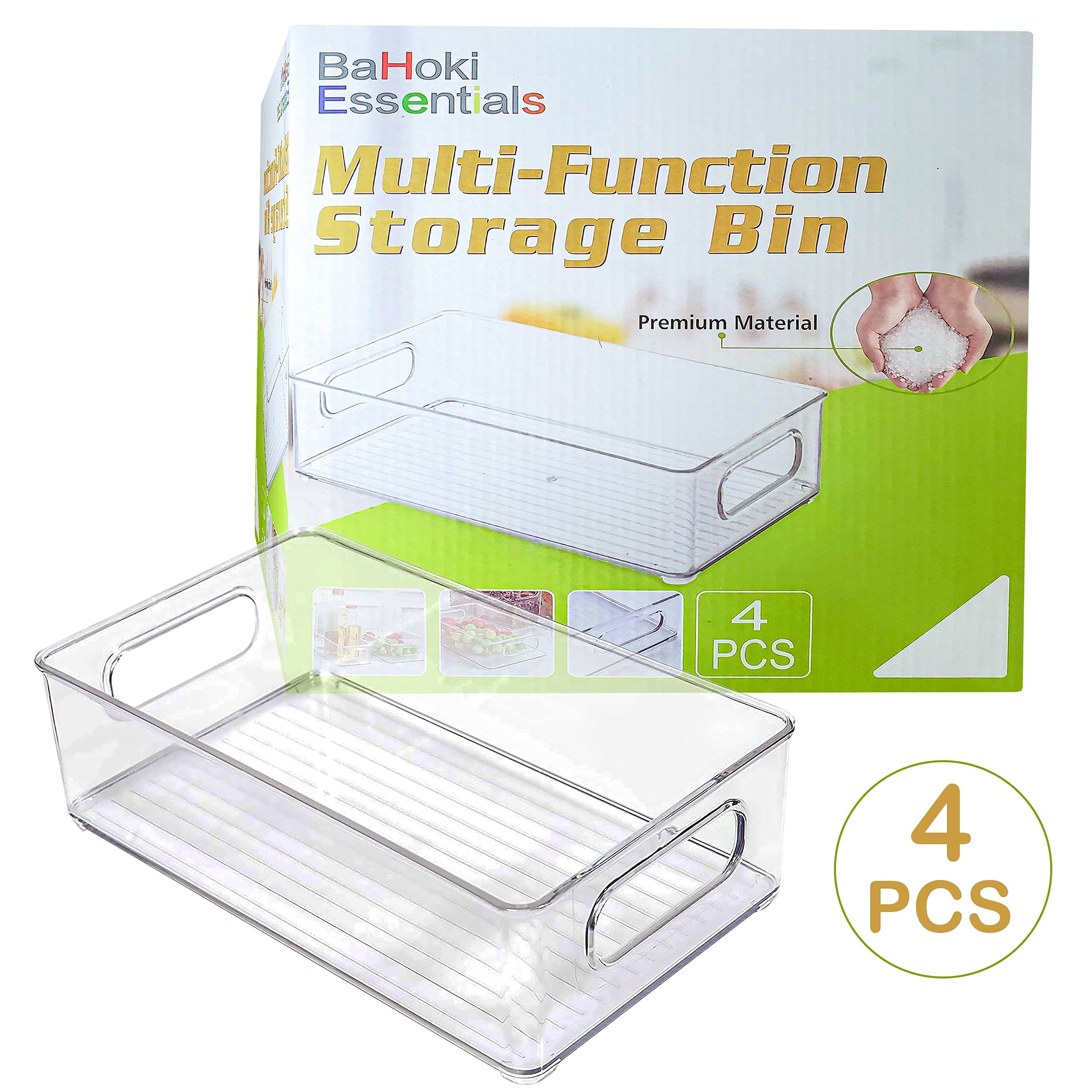 Bahoki Essentials 4-Piece Clear Plastic Kitchen Pantry Storage Bins Set - Stackable Freezer & Refrigerator Organizer for Snacks, Drinks, Fruits, Vegetables - Multifunctional Home Organization Containers - Perfect for Pantry, Kitchen, Dorm & Office Storage Solutions