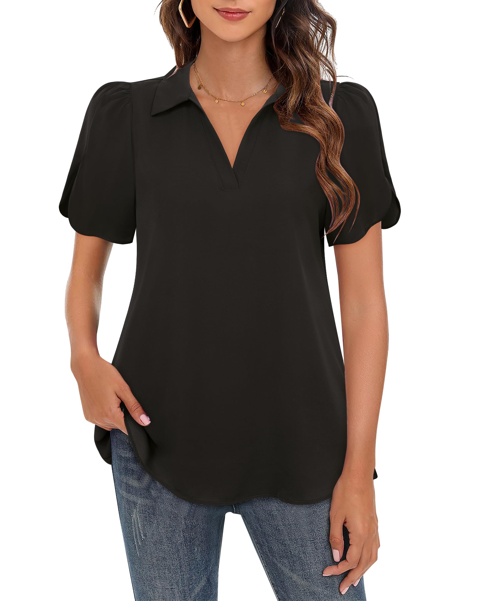 Lotusmile Women's Work Blouses - Puff Short Sleeve Dressy Casual Tops, Loose Chiffon Collared V-Neck Dress Shirt for Office, Business Meetings & Summer Outfits