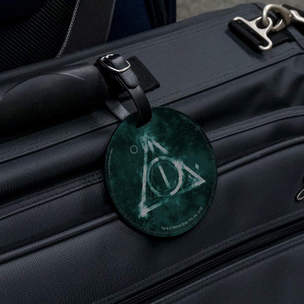 Harry Potter Deathly Hallows Logo Round Leather Luggage Tag - Personalized Carry-On ID Tag for Suitcases & Backpacks - Perfect for Travel, Cosplay & Harry Potter Fans