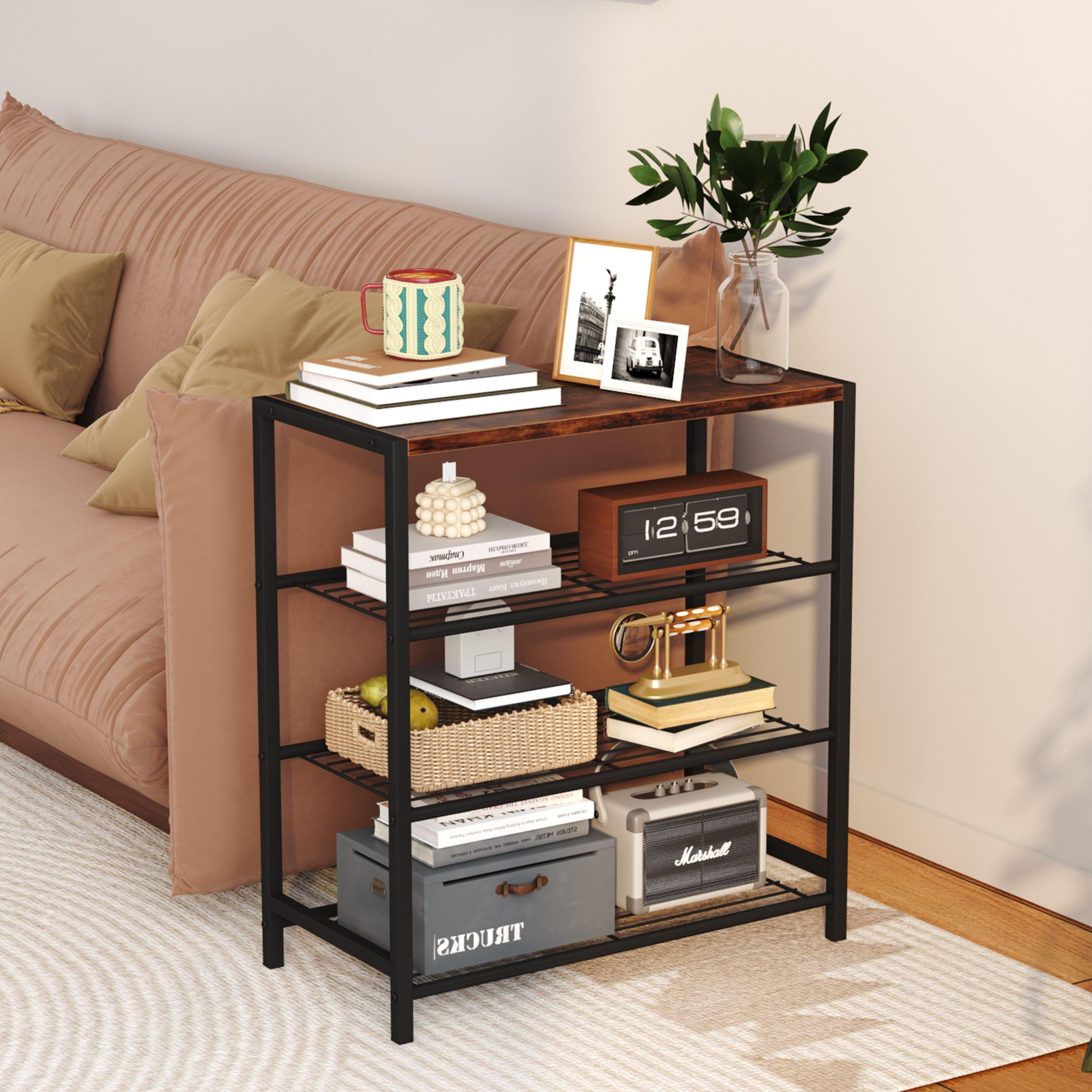 4-Tier Industrial Shoe Rack Organizer - Narrow Sturdy Metal Shoe Storage Shelf for Closet & Entryway - Rustic Brown Shoe Shelf for Boots, Sneakers & Home Organization (Perfect for Small Spaces & Apartment Living)