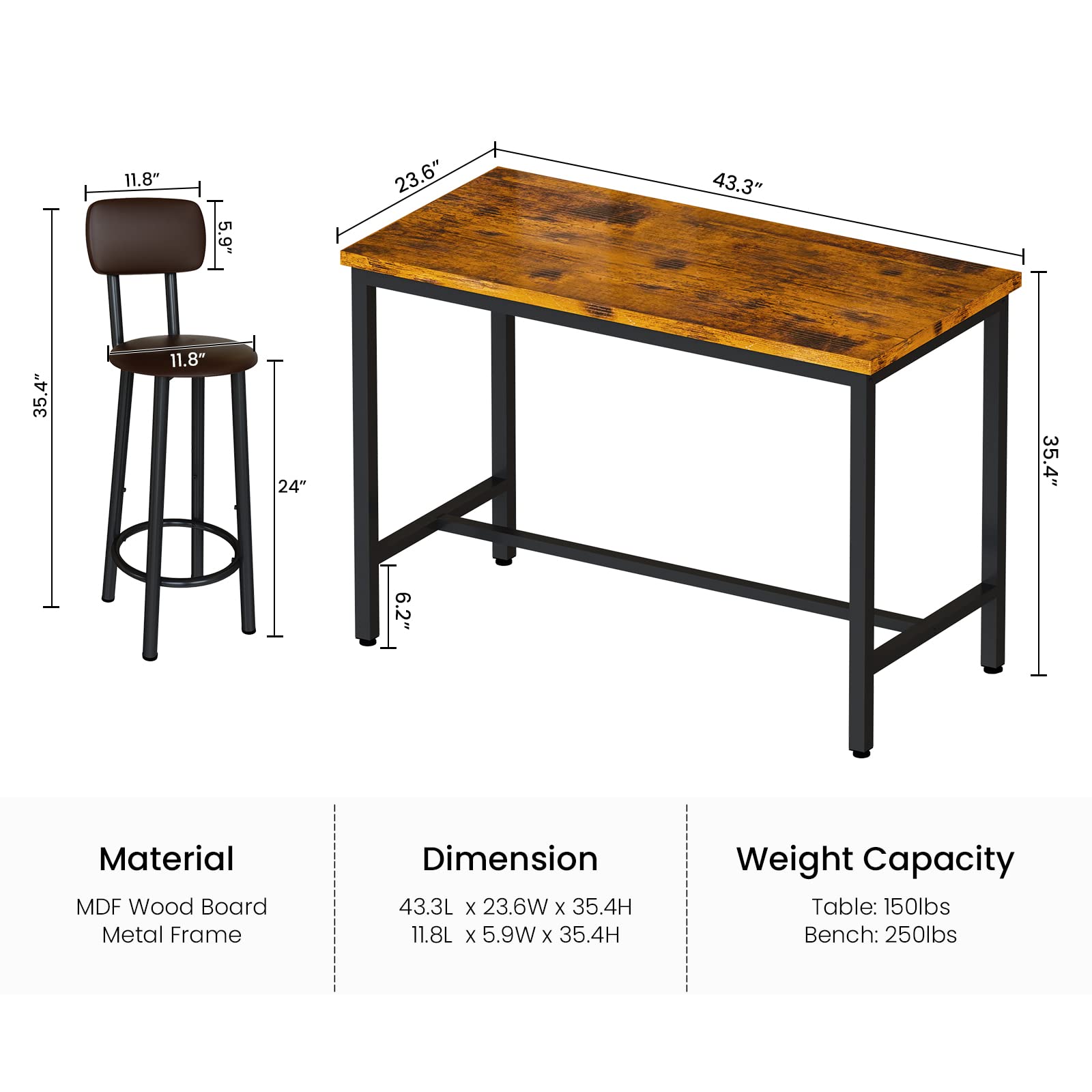 **Industrial Counter Height Dining Table Set for 4 with PU Upholstered Stools - Rustic Brown Kitchen Pub Table for Small Spaces, Restaurants & Home Use | Perfect for Compact Kitchens, Breakfast Nooks & Entertaining**