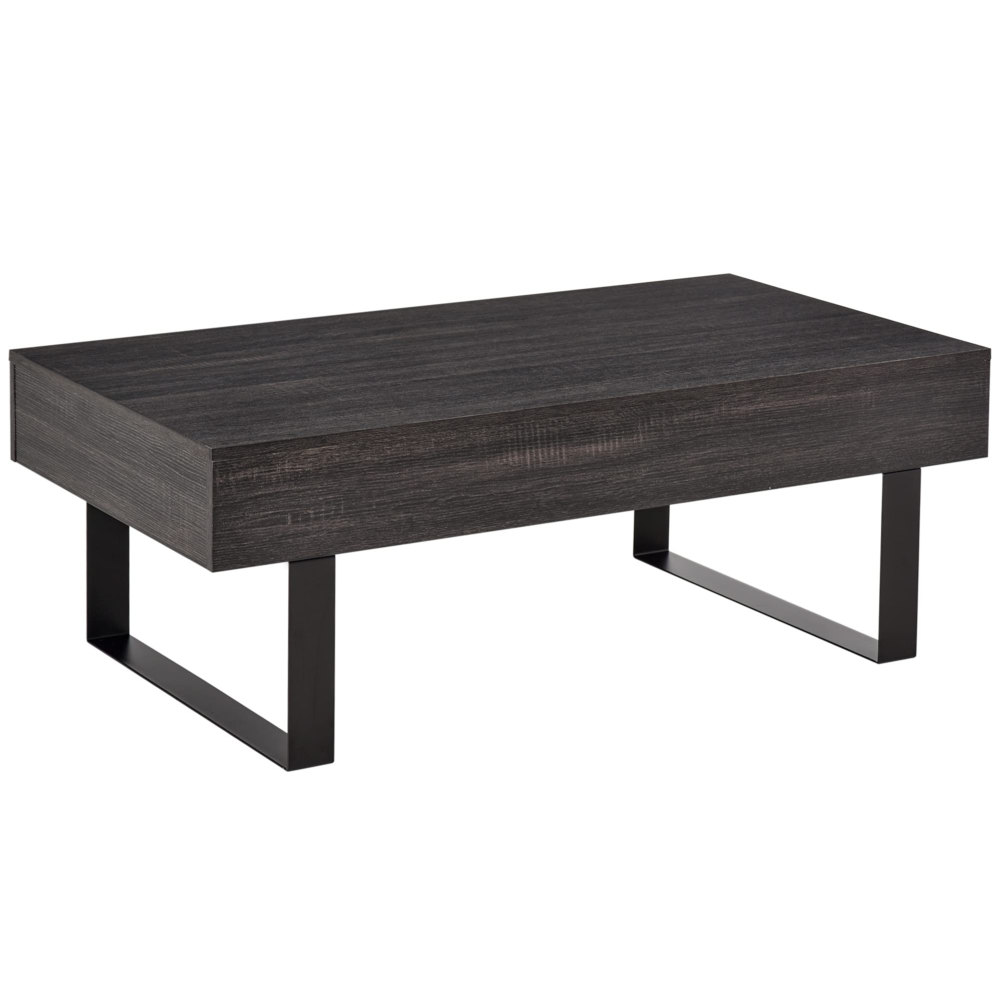 Mid-Century Modern Coffee Table with Storage Drawer - Metal Sled Legs & Wood Grain Surface - Dark Grey Living Room Furniture for Small Spaces, Apartments & Home Decor