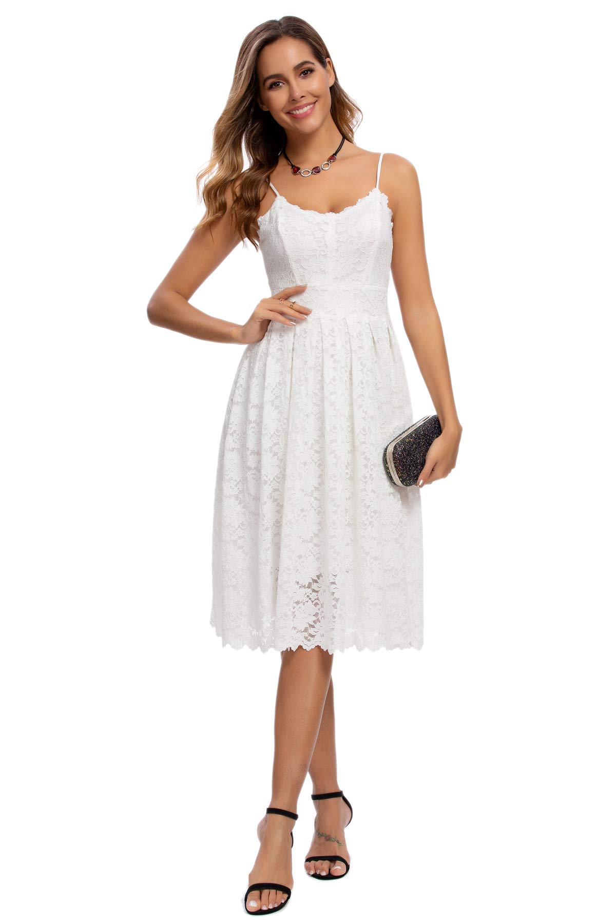 ATNLEWHI Women's Spaghetti Strap V-Neck Sleeveless A-Line Lace Dress - Elegant Cocktail Party, Formal Wedding Guest Dress for Evening Events & Special Occasions