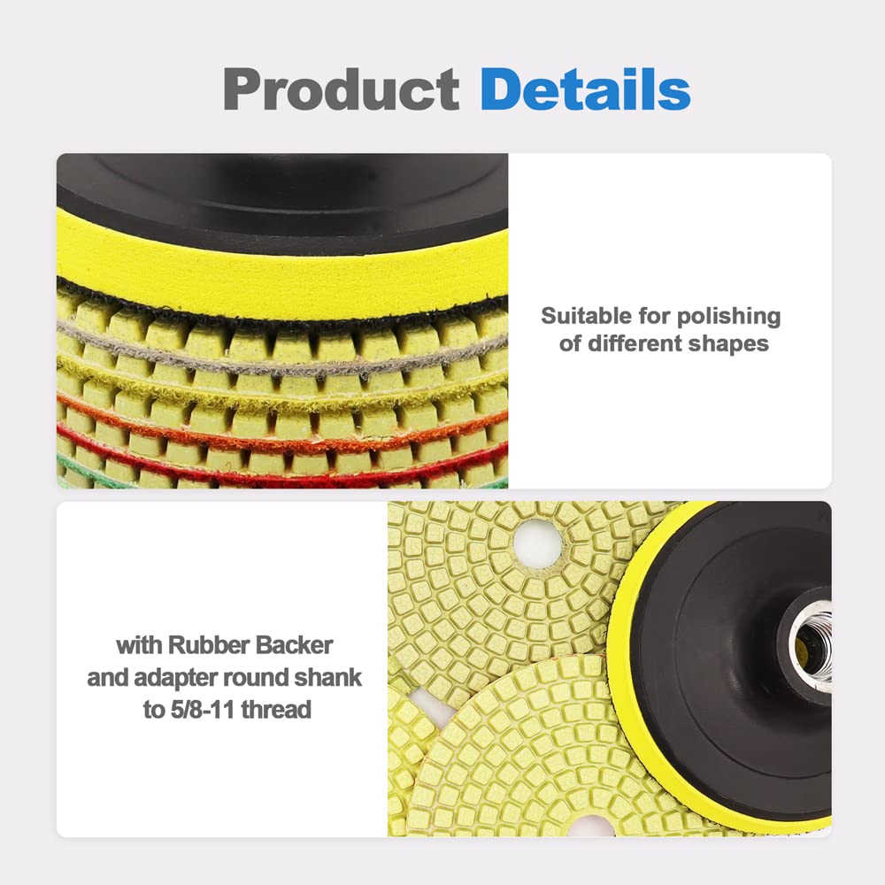 Wet Diamond Polishing Pads 6-Piece Set (4 Inch, #50-#1500 Grit) for Granite, Marble & Ceramic - Includes 1 Plastic Backing Pad & 1 Adapter (5/8-11 Thread) - Perfect for Stone Countertop Refinishing, Tile Restoration & DIY Home Improvement Projects