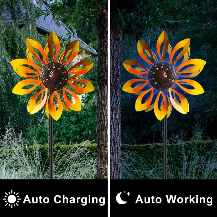 Solar-Powered Dual Direction Wind Spinner - Kinetic Metal Copper Bronze Yard Art for Garden, Lawn & Outdoor Decor | Weather-Resistant Spinning Ornament with LED Lights for Patio, Backyard & Landscape Decoration