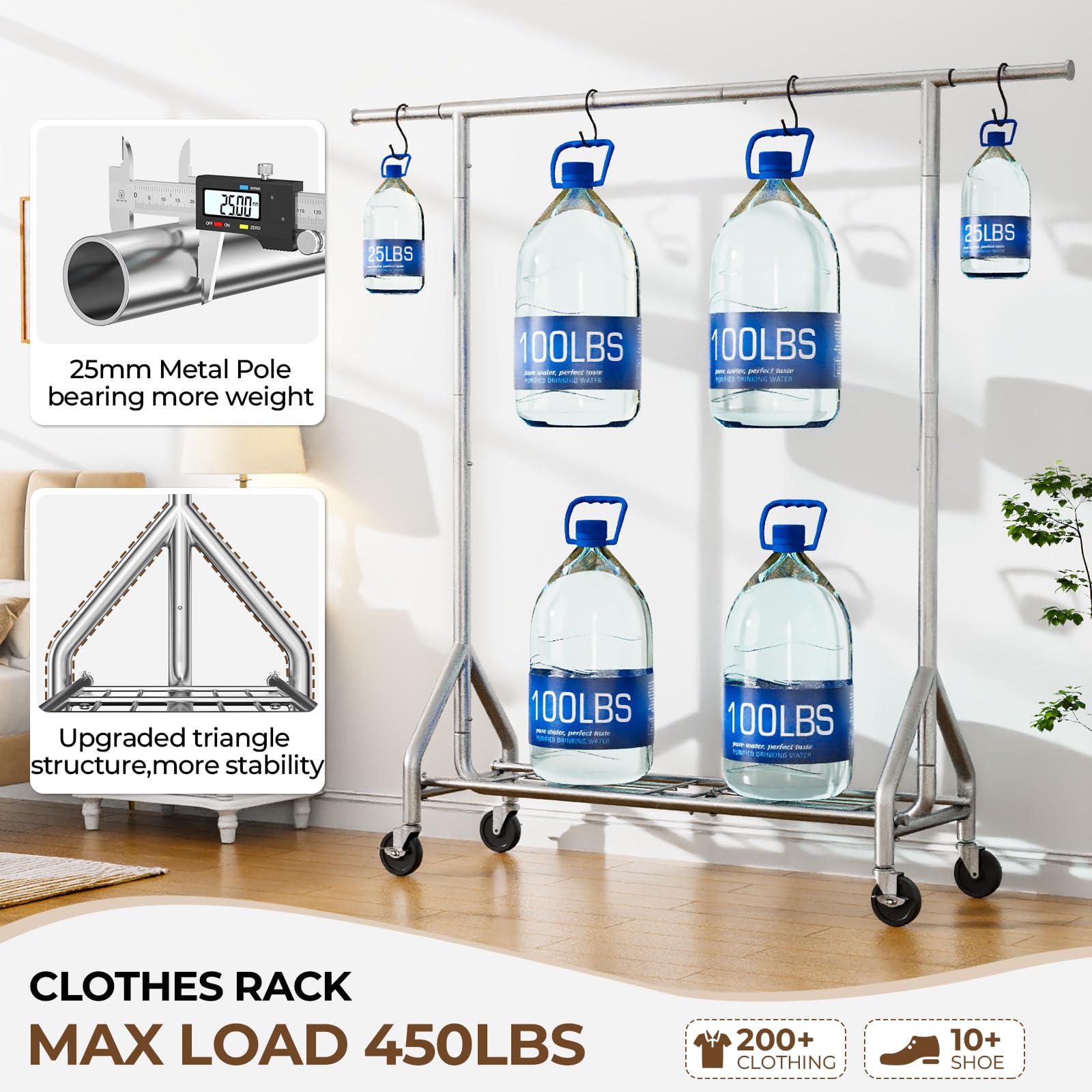 Heavy Duty Garment Rack 450 lbs Capacity - Industrial Strength Metal Clothing Rack with Wheels & Shelves - Portable Wardrobe Storage for Closet, Laundry Room or Retail Store - Silver