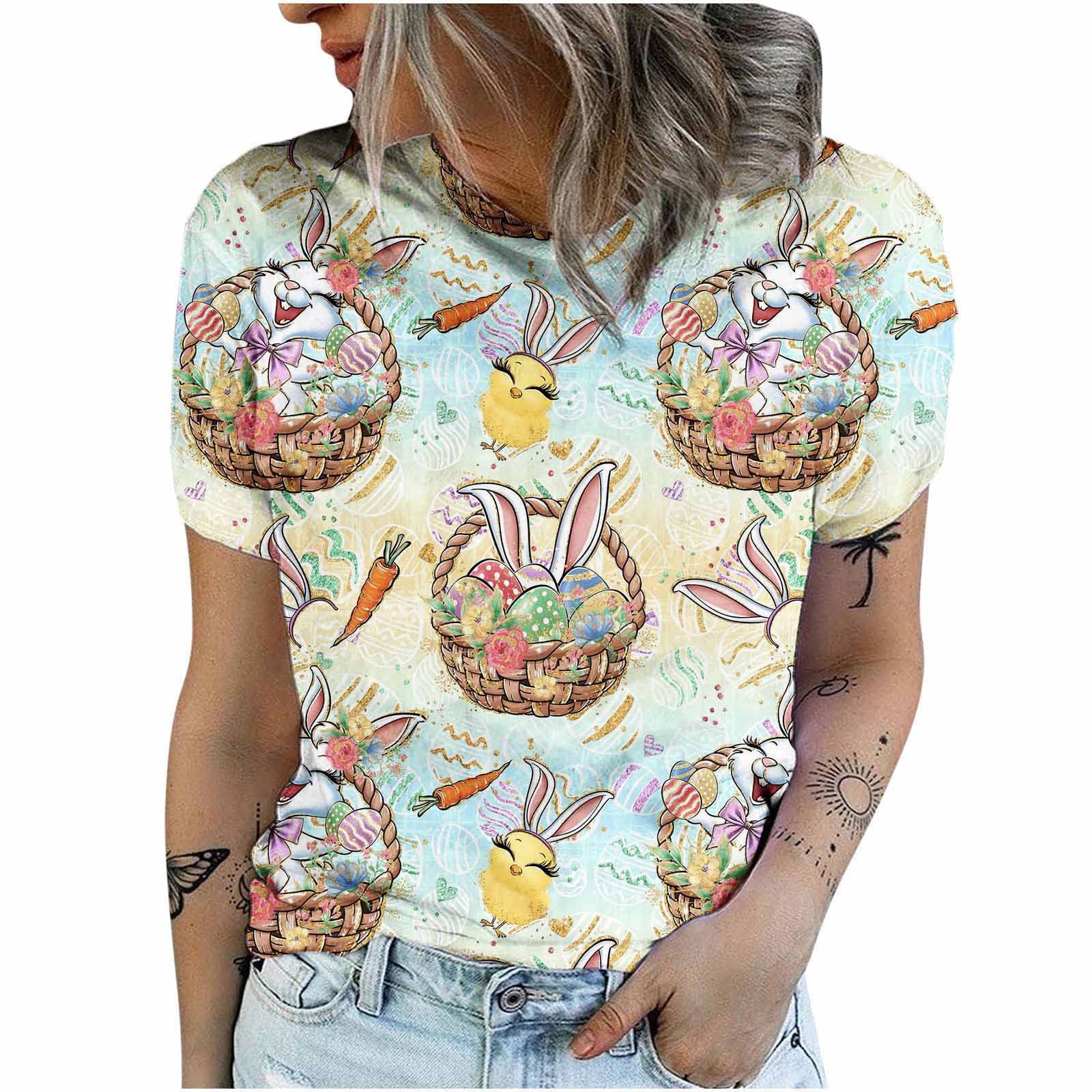 Easter Rabbit Printed Women's Plus Size T-Shirts - Cute Short Sleeve Crewneck Tee & Blouse for Casual Wear, Spring Outfits, and Holiday Celebrations