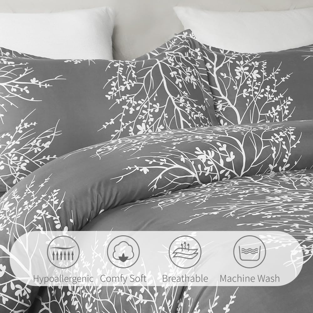 Vaulia Soft Microfiber Duvet Cover Set King Size - Grey & White Floral Branch Design, 3-Piece Bedding (Duvet Cover + 2 Pillow Shams) | Breathable & Wrinkle-Resistant for Luxurious Bedroom Decor