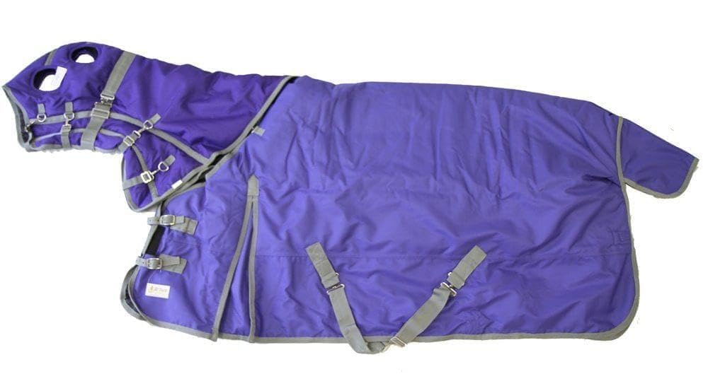 1200D Waterproof Heavyweight Winter Horse Blanket with Hood - 400g Insulated Turnout Rug with Fleece Collar, Shoulder Gussets & Tail Flap - Purple 80