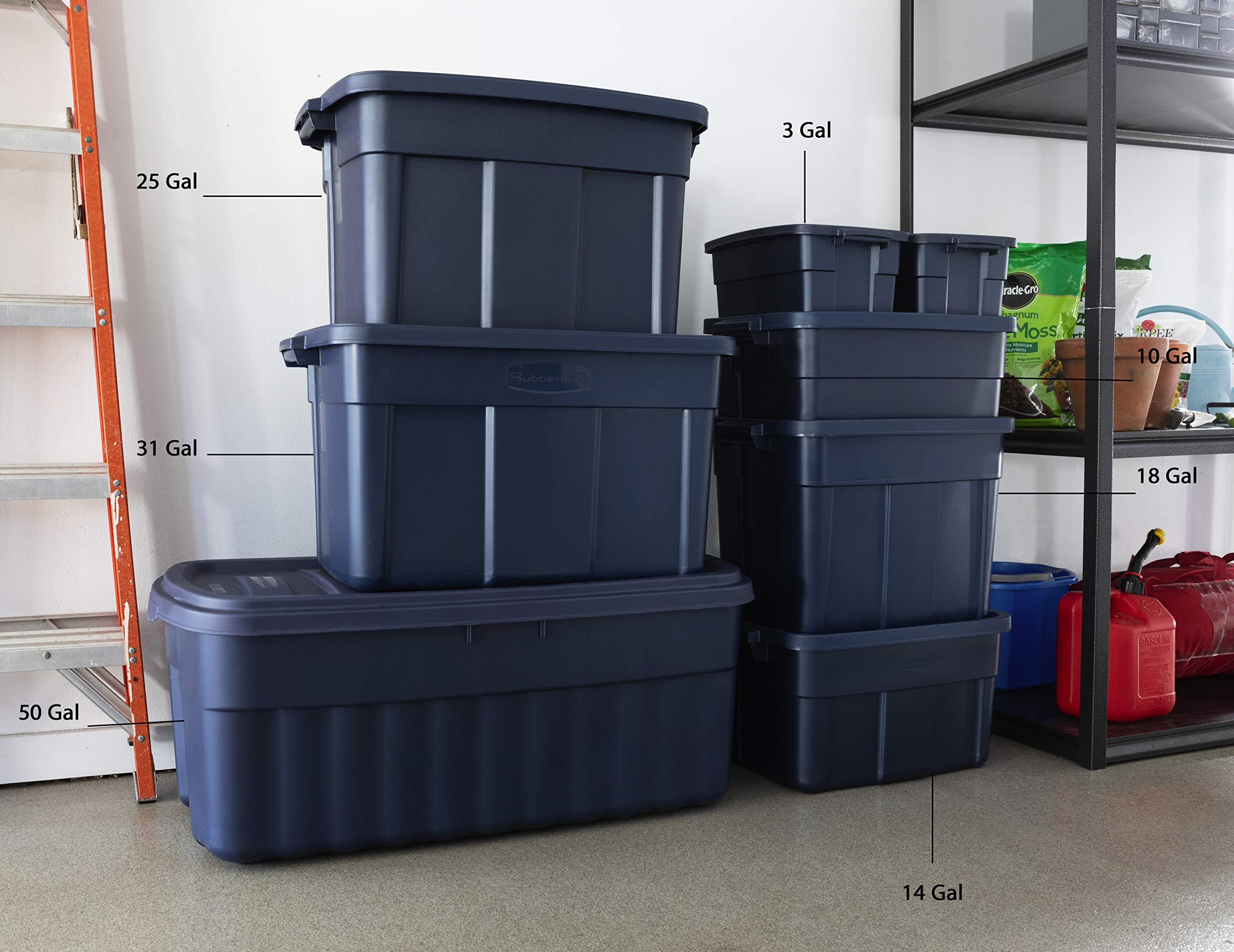 Rubbermaid Roughneck 25 Gallon Heavy-Duty Storage Totes (4-Pack) – Stackable Plastic Bins with Lids & Handles, Made in USA – Dark Indigo Metallic – Ideal for Garage Organization, Moving Supplies & Home Storage Solutions