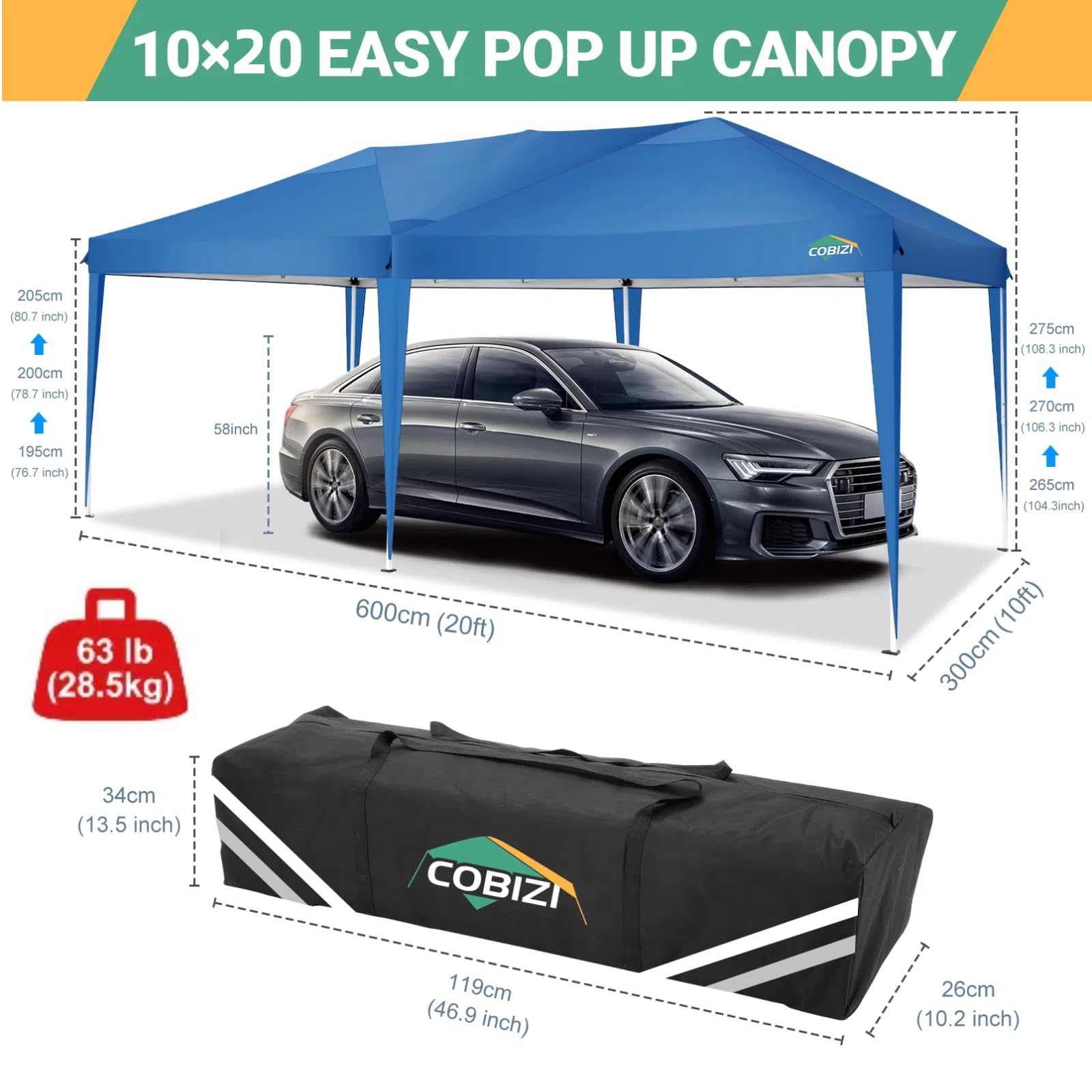 COBIZI 10x20 Pop Up Canopy Tent with 6 Sidewalls - Waterproof Outdoor Event Shelter, Instant Gazebo Sun Shade for Parties, Beach, Camping & Commercial Use | Portable Blue 10x20 Canopy Tent | Perfect for Backyard BBQs, Farmers Markets & Tailgating