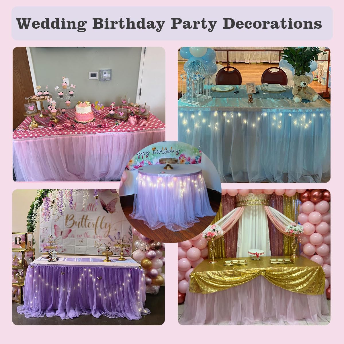 Albassa Pink Tulle Table Skirt with LED Lights - 9ft Long x 30in High Tutu Table Cover for Rectangle or Round Tables | Perfect for Baby Showers, Birthday Parties, Wedding Receptions & Cake Table Decorations