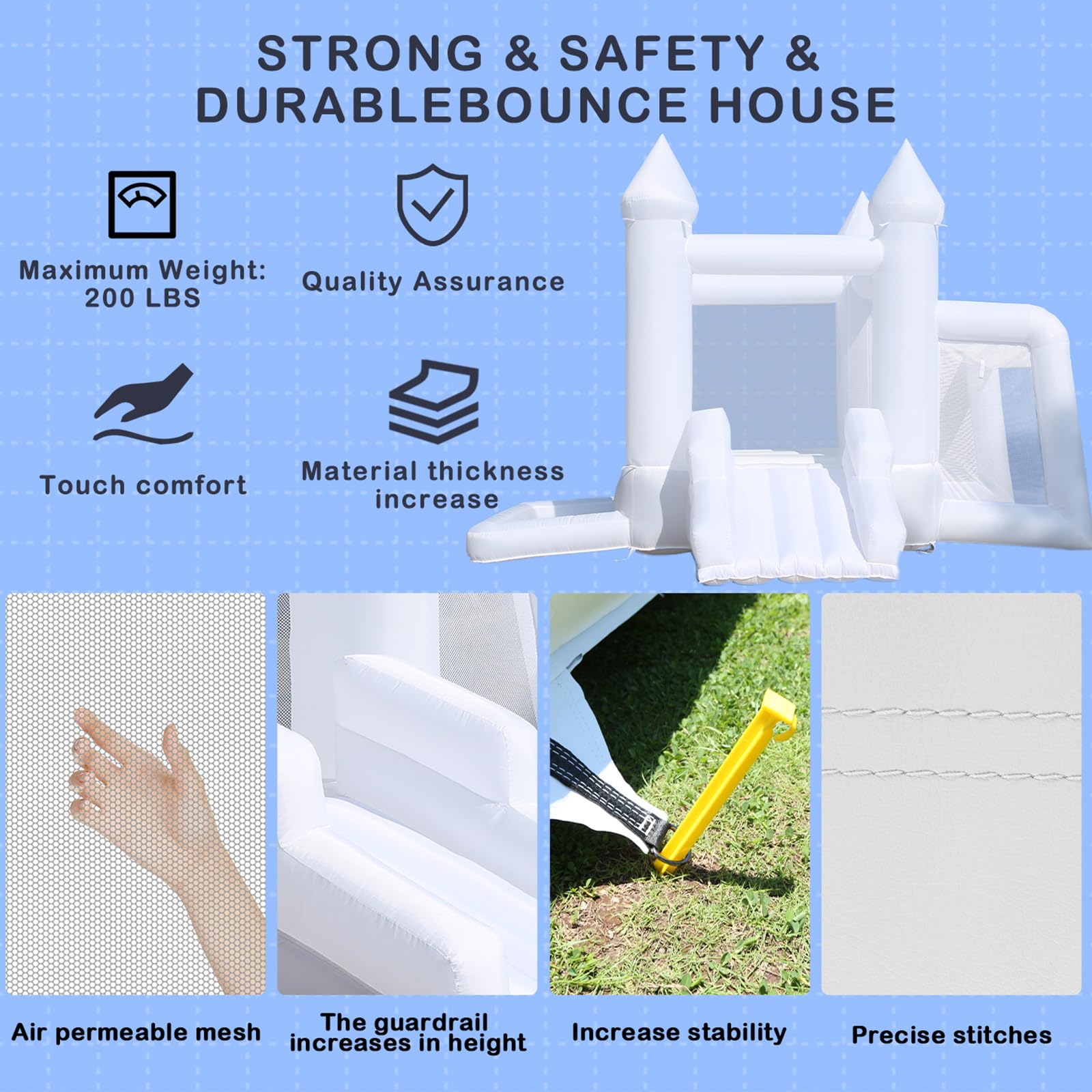 White Bounce House with Blower - 8ft x 11ft Inflatable Bouncy Castle for Kids | Backyard, Birthday Parties, Events | Durable Outdoor Play Equipment for Children's Gifts & Family Fun