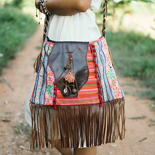 Changnoi Unique Bohemian Fringe Crossbody Bag for Women - Handmade Hmong Hill Tribe Embroidered Sling Purse with Genuine Leather Strap - Perfect for Festivals, Travel & Boho Fashion Accessories