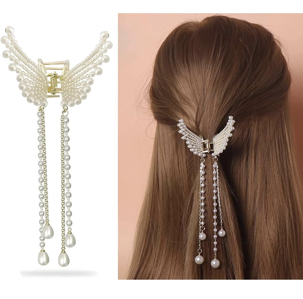 Korean Style Pearl Metal Hair Clutch - Golden Butterfly Hair Clip with Tassel for Women & Girls | Elegant Hair Accessories for Parties, Weddings & Everyday Wear (1 Piece)