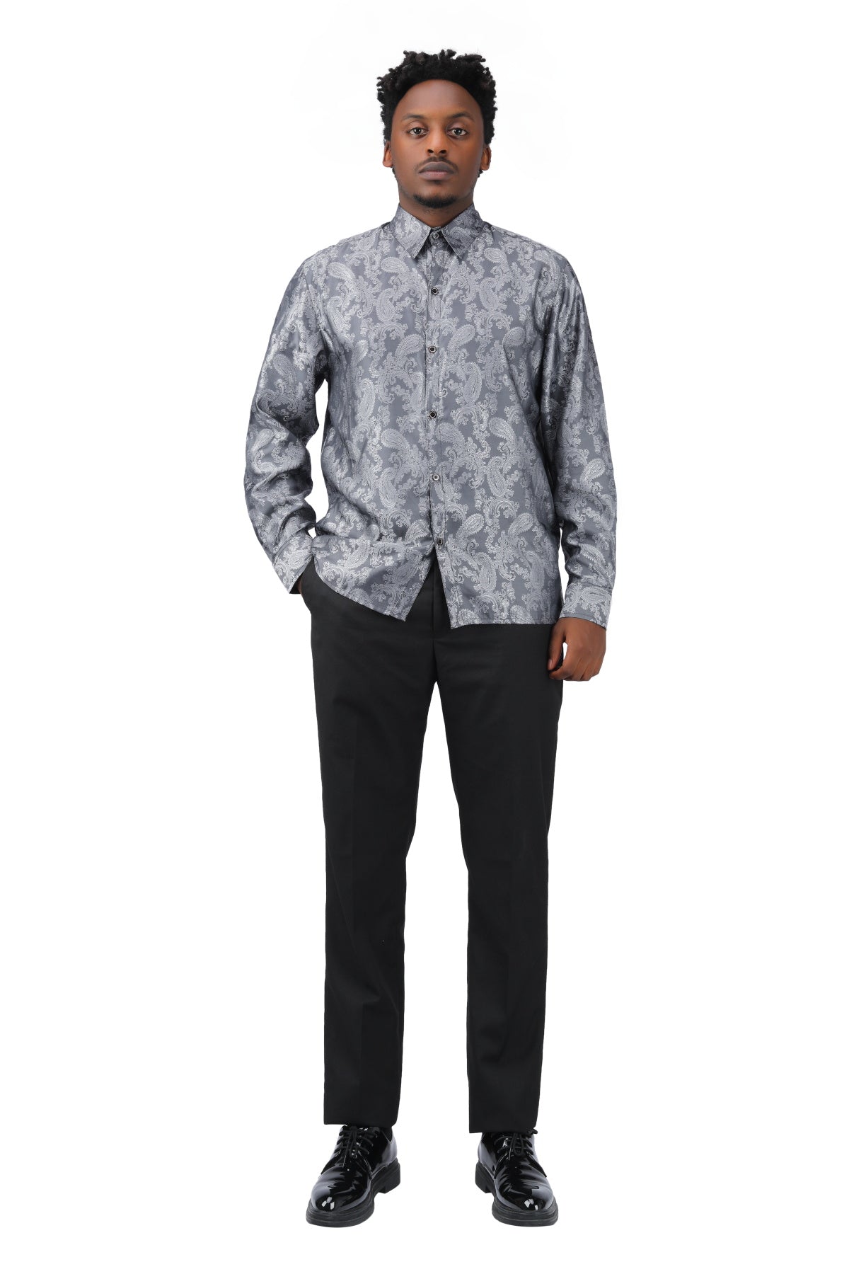 Slim Fit Embroidered Grey Paisley Shirt for Men - Stylish Casual Button Down Shirt for Office, Party & Date Night Outfits