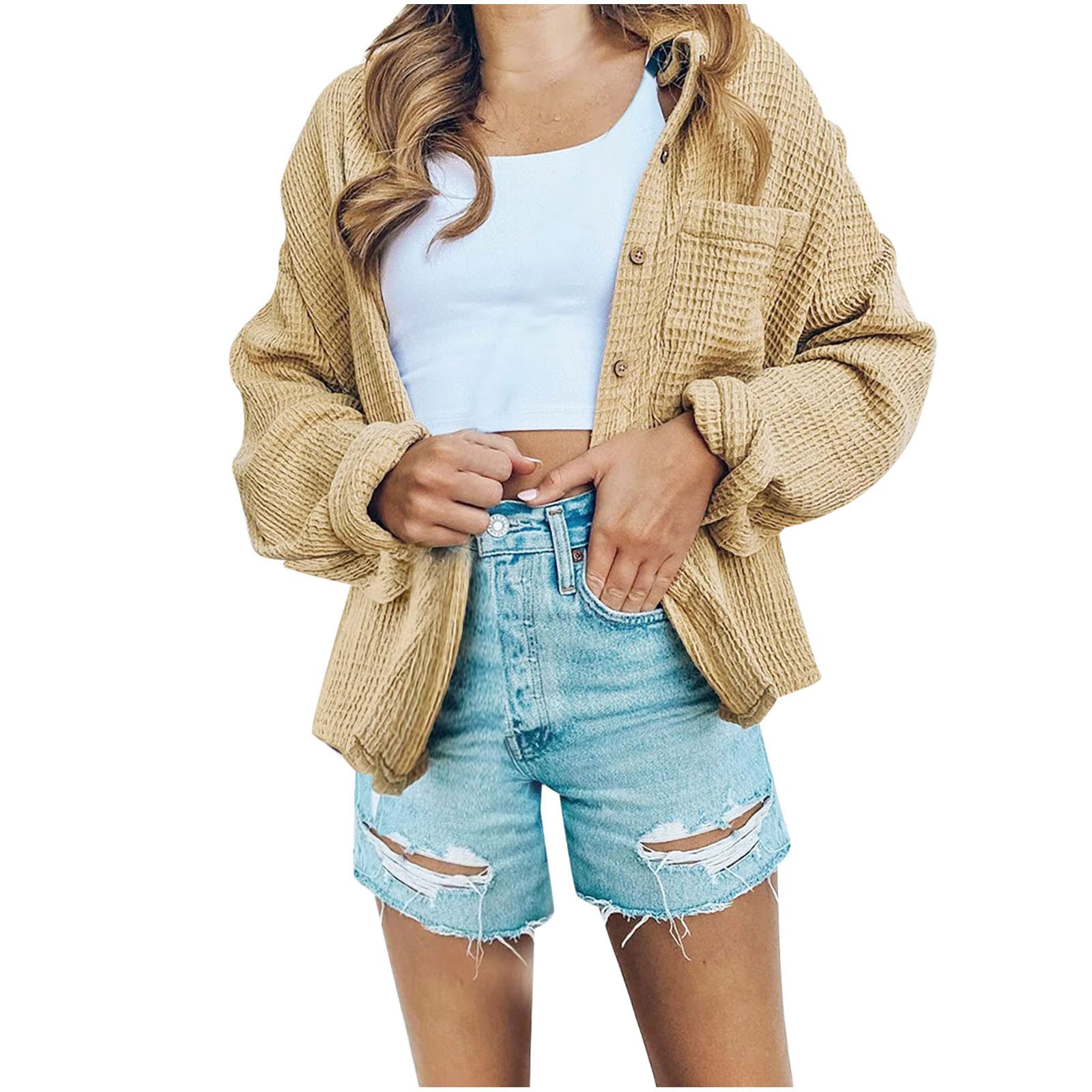 Trendy Women's Button Down Open Front Cardigan - Waffle Knit Long Sleeve Top with Pocket | Casual Solid Fall & Winter Outwear for Layering, Office Wear & Cozy Home Outfits