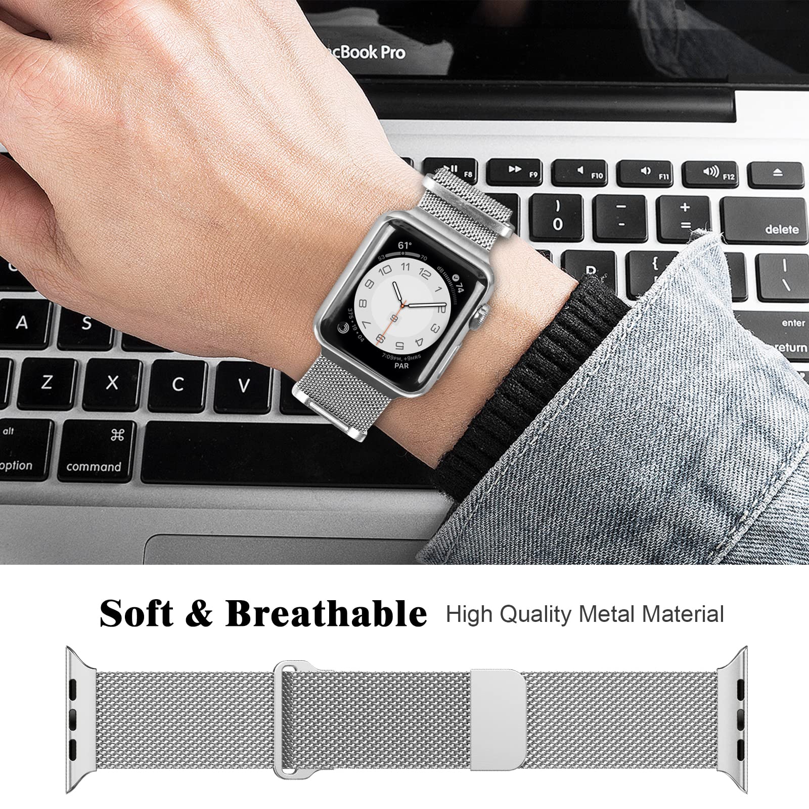 Premium Stainless Steel Milanese Loop Band for Apple Watch 41mm - Magnetic Mesh Strap Compatible with iWatch Series 10/9/8/7/6/5/4/3/2/1 & SE - Adjustable Luxury Replacement Band for Women & Men (Silver) | Perfect for Workouts, Office Wear & Everyday Fashion Accessory