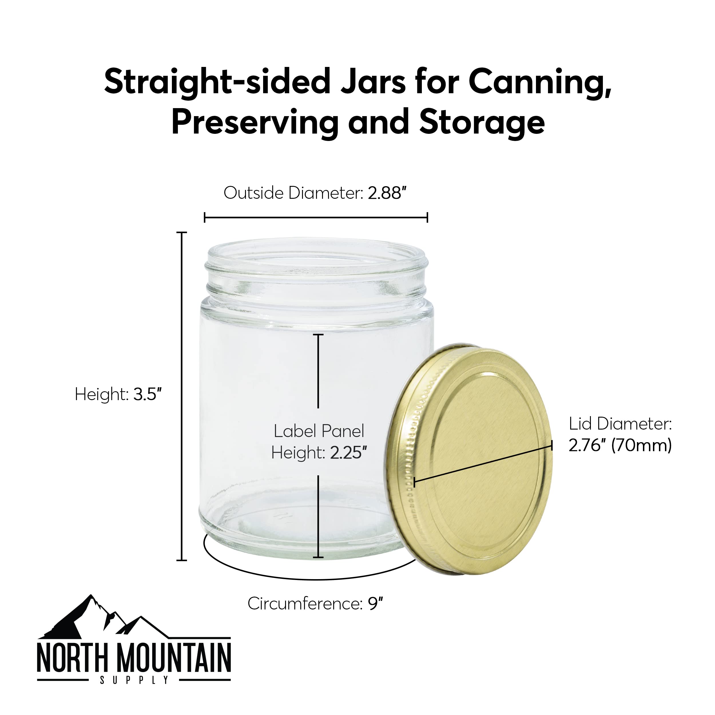 North Mountain Supply 9 Oz Glass Mason Jars with 70mm Gold Lids - 12 Pack (11 Cases) for Canning, Preserving, DIY Crafts & Home Storage - Perfect for Jams, Pickles, Candles & Gift Packaging