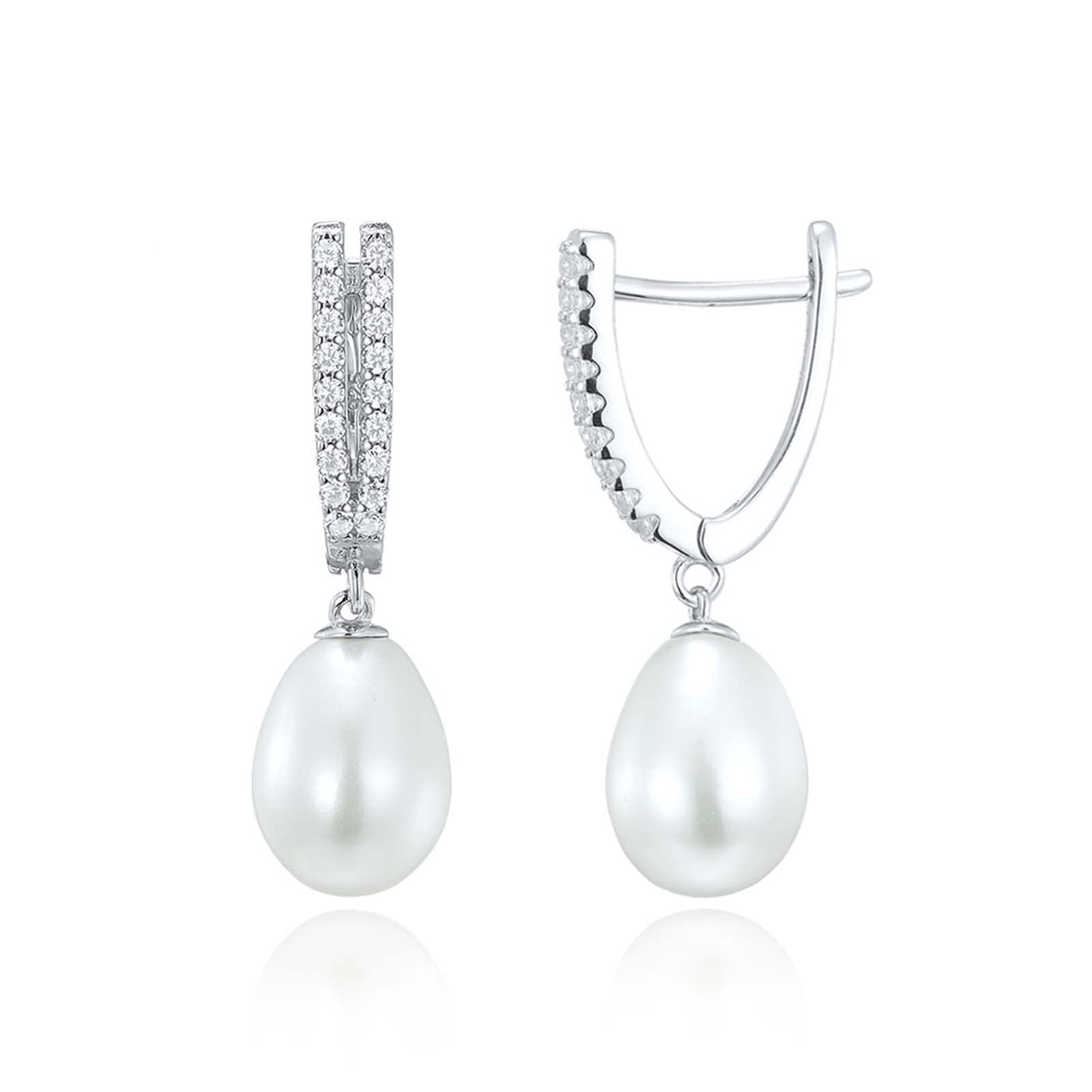 Jupiter Natural Pearl Silver Earrings - 925 Sterling Silver Genuine Pearl Stud Earrings for Women, Cubic Zirconia Drop Earrings Jewelry | Perfect for Weddings, Parties & Everyday Elegance