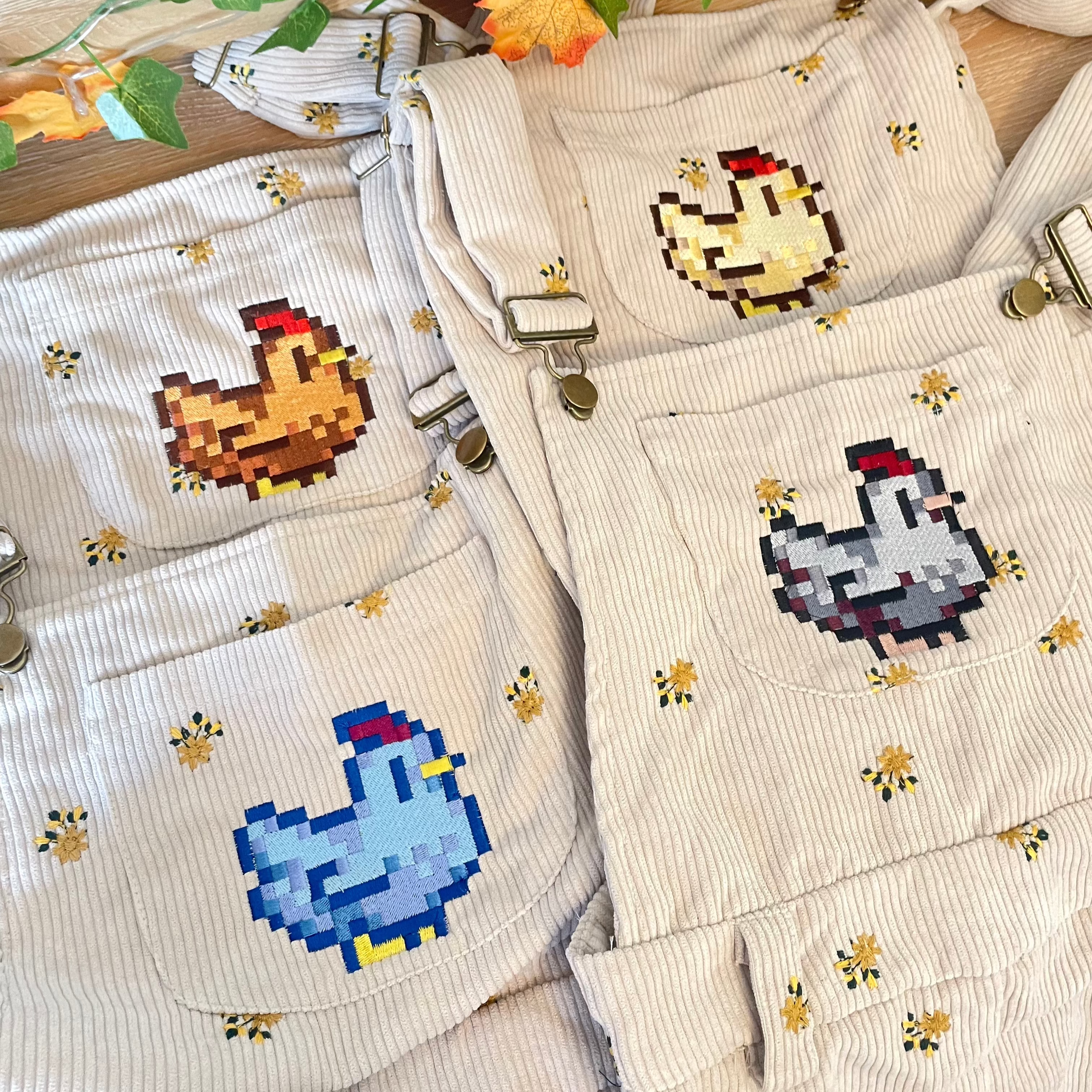 Stardew Valley Inspired Floral Overalls for Women - Cute Chicken Print Long Pants - Perfect for Cosplay, Farming, Gardening & Casual Wear