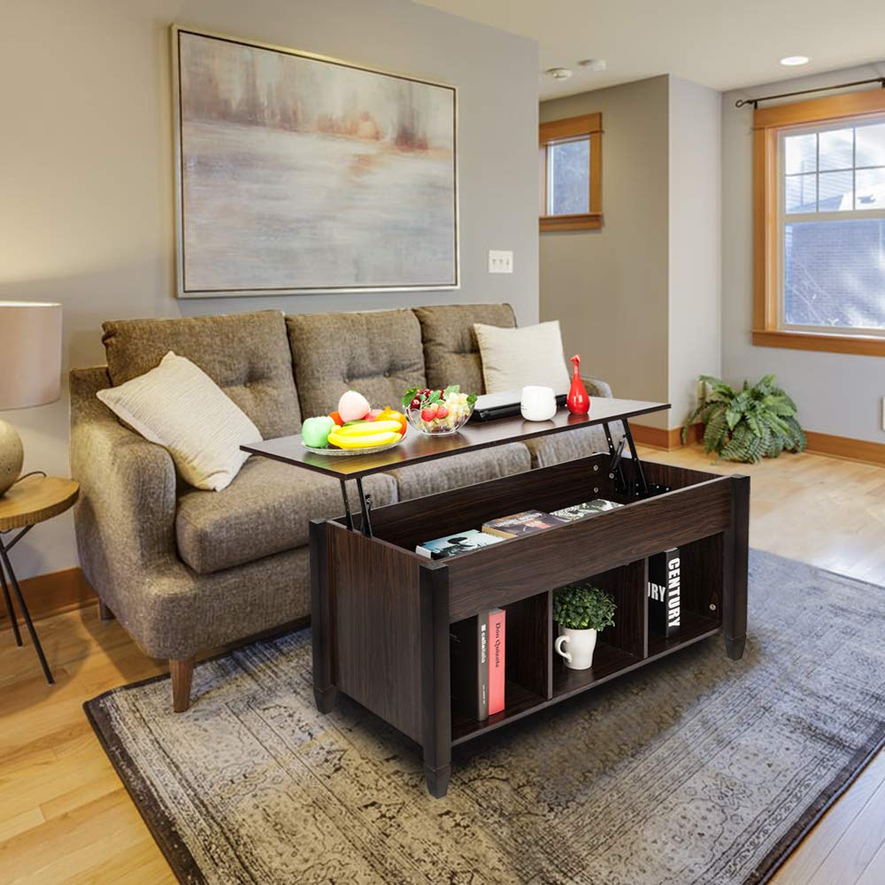 Modern Lift Top Coffee Table with Hidden Storage - Solid Wood Living Room Furniture, Convertible Desk & Organizer Shelf (Brown) - Perfect for Small Spaces, Home Office & Entertaining Guests